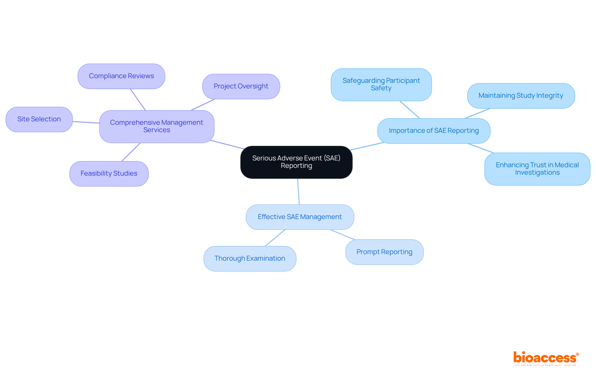 In this mindmap, the central idea is SAE reporting. Each branch leads to important aspects like the significance of reporting, the management practices involved, and the services that support this process. Follow the branches to see how everything connects!