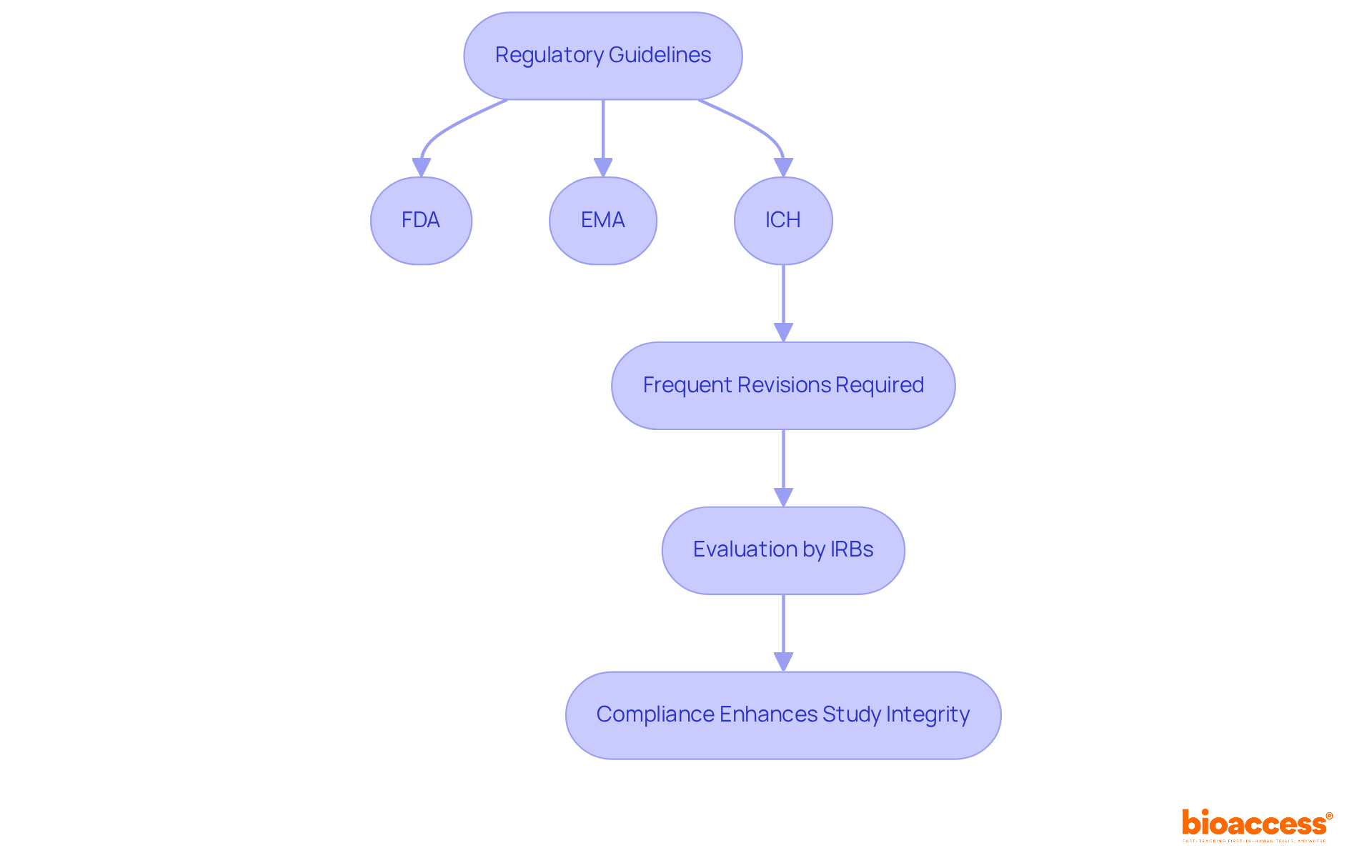 This flowchart outlines the steps involved in adhering to regulatory guidelines for investigator's brochures. Follow the arrows from the regulatory bodies to the required evaluations, showing how each step leads to ensuring ethical conduct in clinical trials.