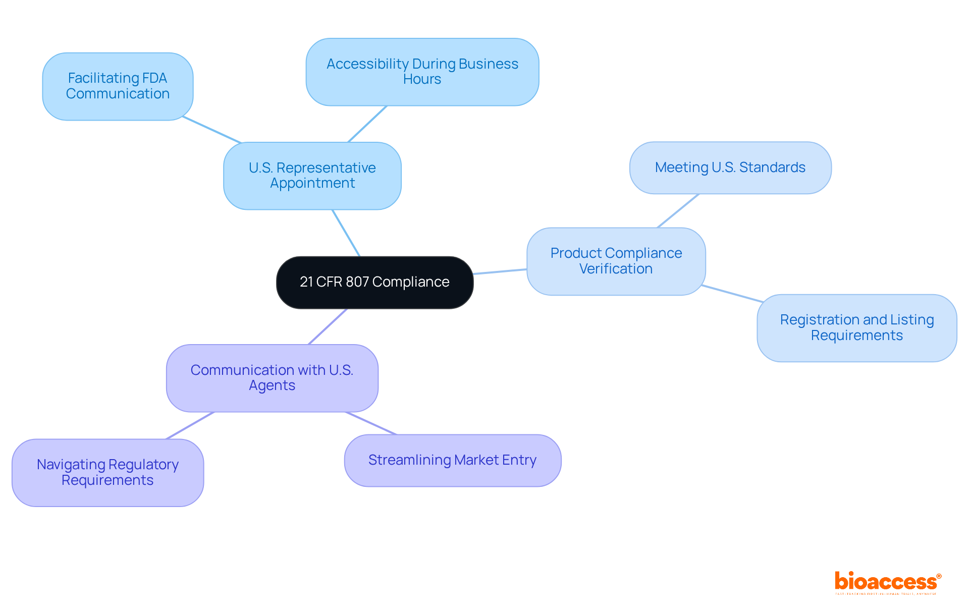 The center shows the main compliance requirement, and the branches highlight the critical actions that must be taken to ensure adherence to U.S. regulations, each with its own focus area.
