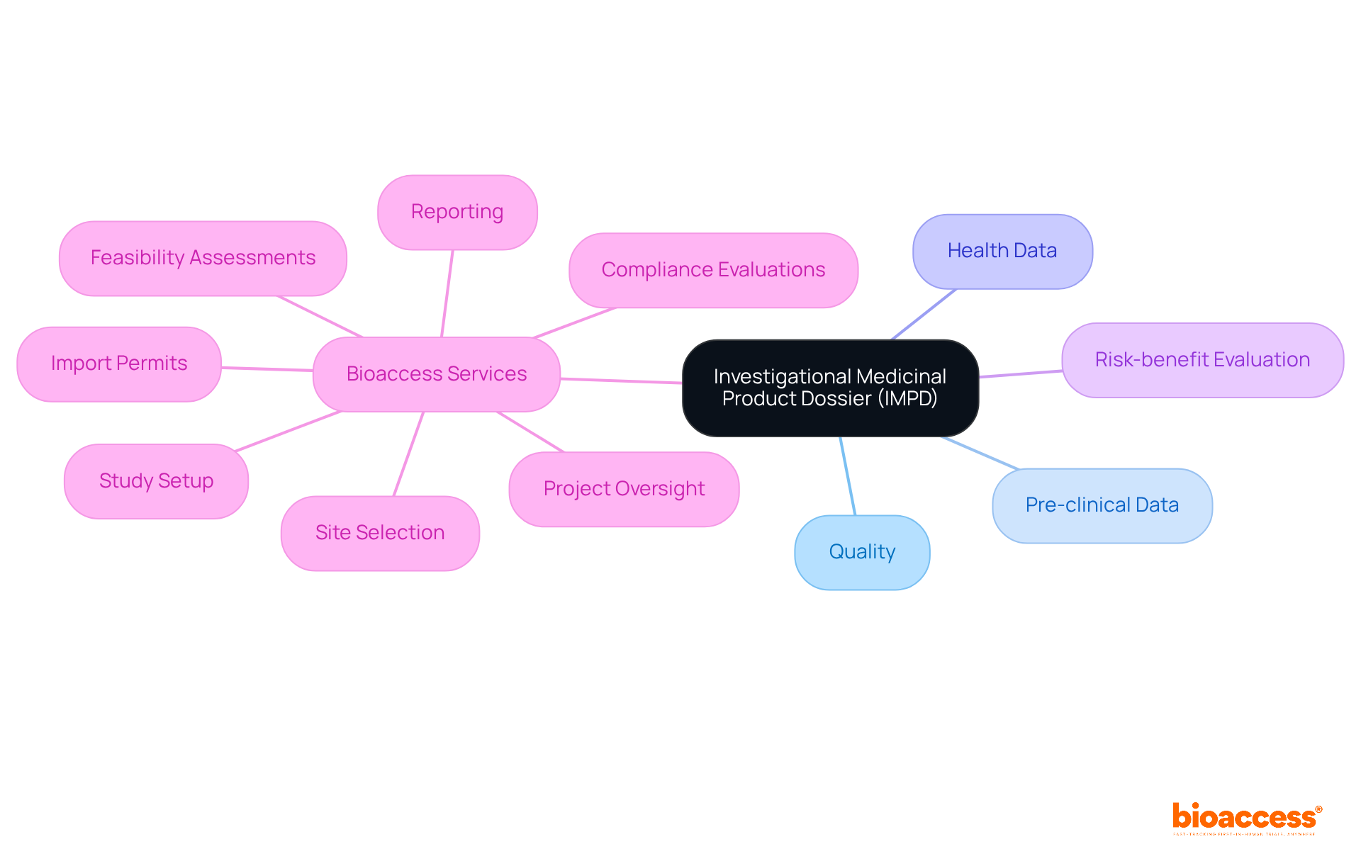 The central node represents the IMPD. The branches show its main components, and the additional branches illustrate the services that support the research process. Each color-coded branch helps to quickly identify different areas of focus.