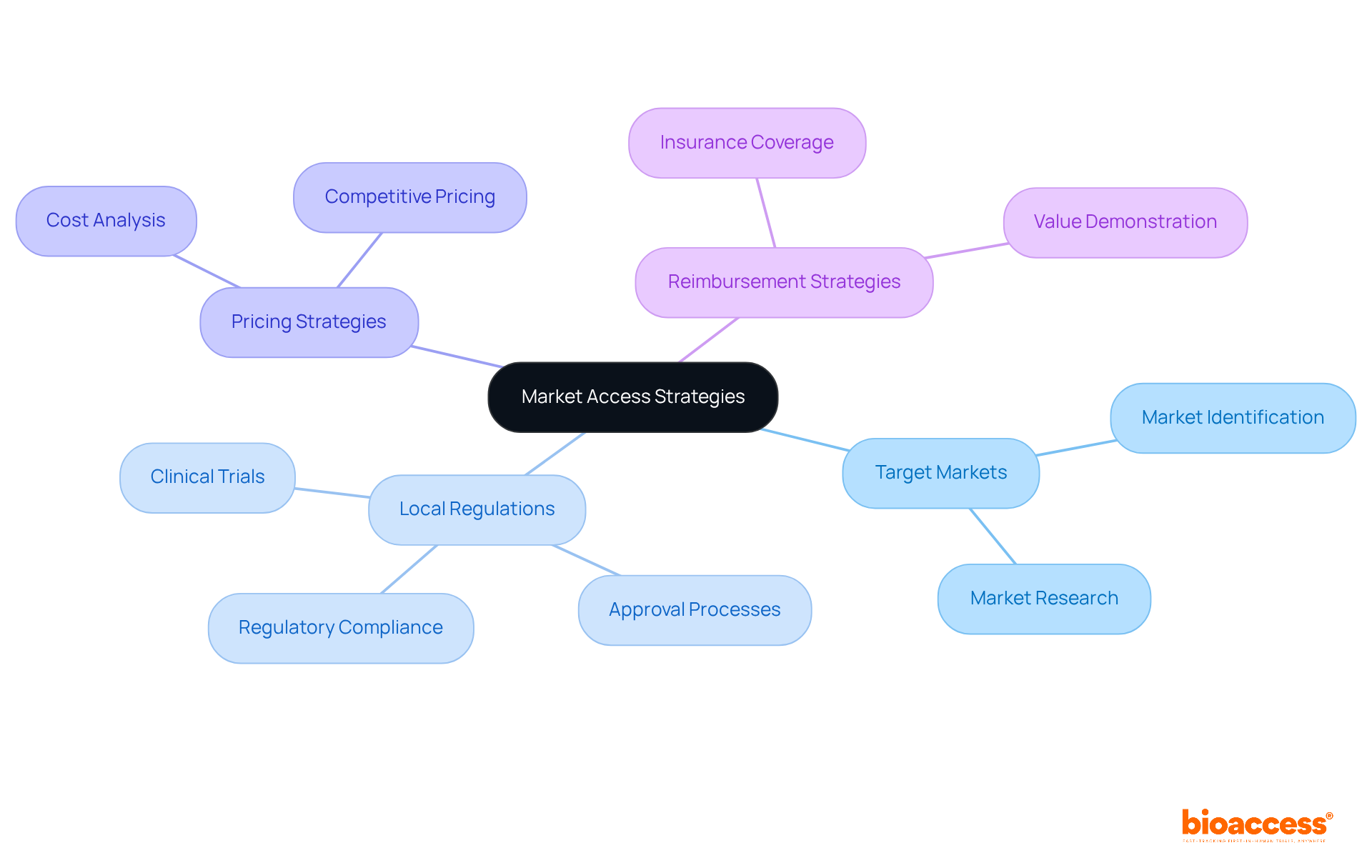 Begin at the center with the main concept, then explore each branch to see the various strategies and factors that contribute to successful market entry in healthcare.