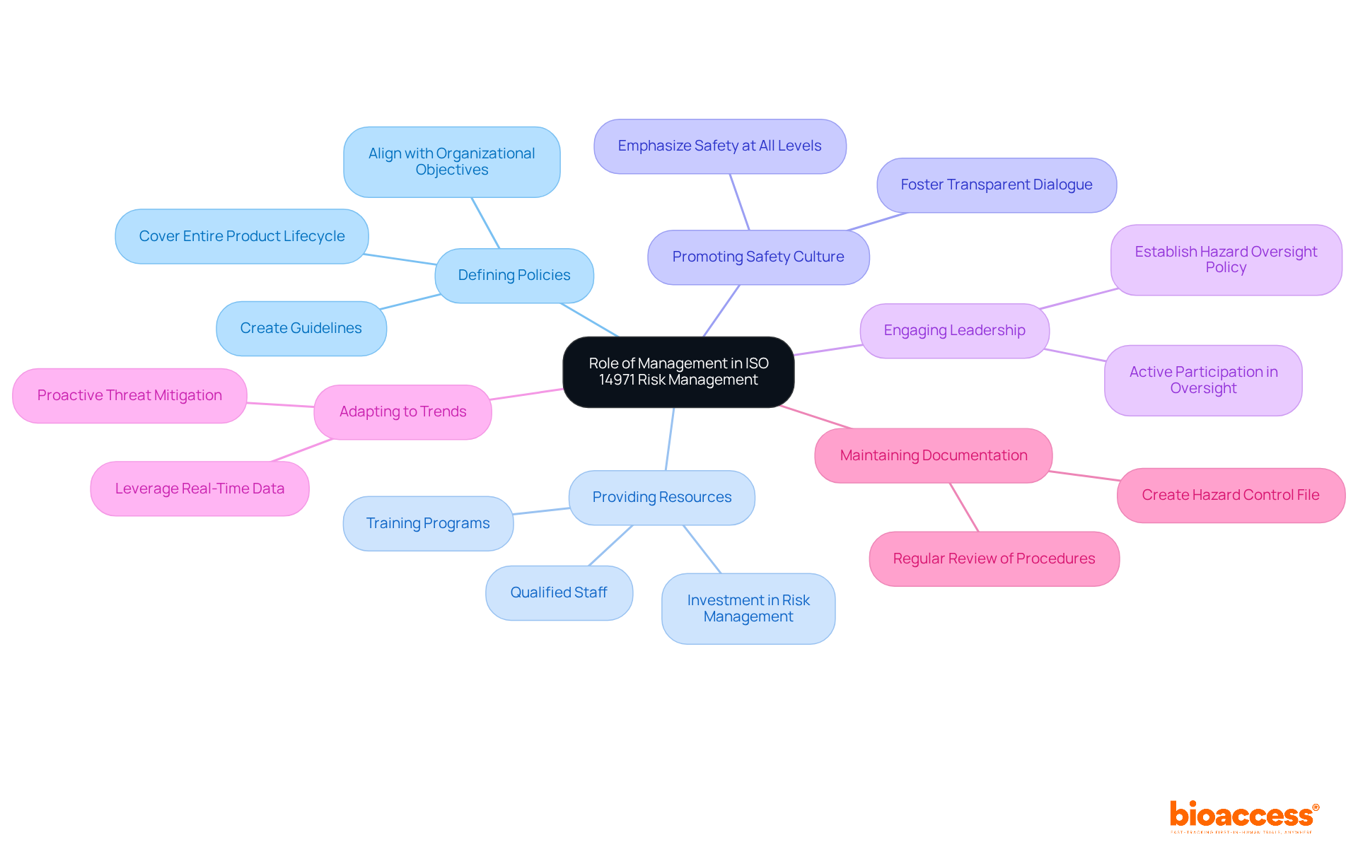 The central node represents the overarching theme, while the branches highlight key responsibilities. Each branch can be expanded to reveal more detailed actions, illustrating how management contributes to effective risk management.