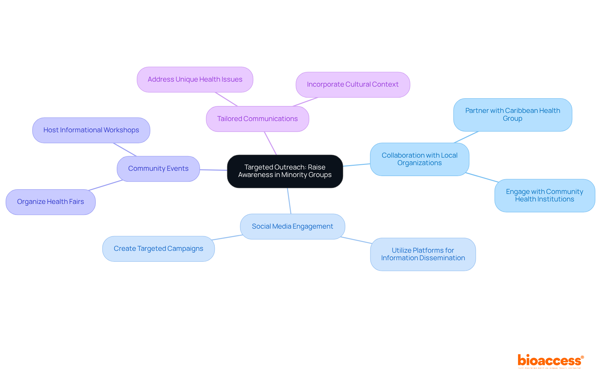 The central node represents the main focus of the initiative, while the branches show different strategies and actions that contribute to raising awareness in minority groups. Each color-coded branch helps to differentiate between the various approaches. The central node represents the main focus of the initiative, while the branches show different strategies and actions that contribute to raising awareness in minority groups. Each color-coded branch helps to differentiate between the various approaches.