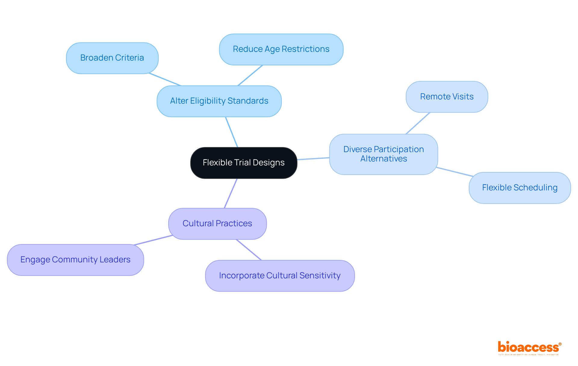 The center represents the main focus on flexible trial designs. The branches outline key strategies to improve participation, and each color indicates a different approach to making clinical studies more inclusive. The center represents the main focus on flexible trial designs. The branches outline key strategies to improve participation, and each color indicates a different approach to making clinical studies more inclusive.