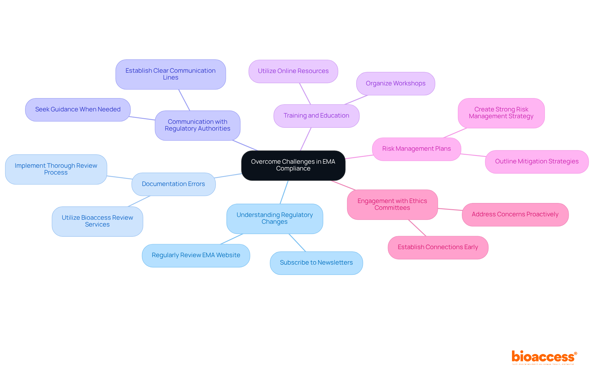 Start in the center with the main challenge of EMA compliance, then follow the branches to see specific strategies that can help researchers navigate these challenges effectively.