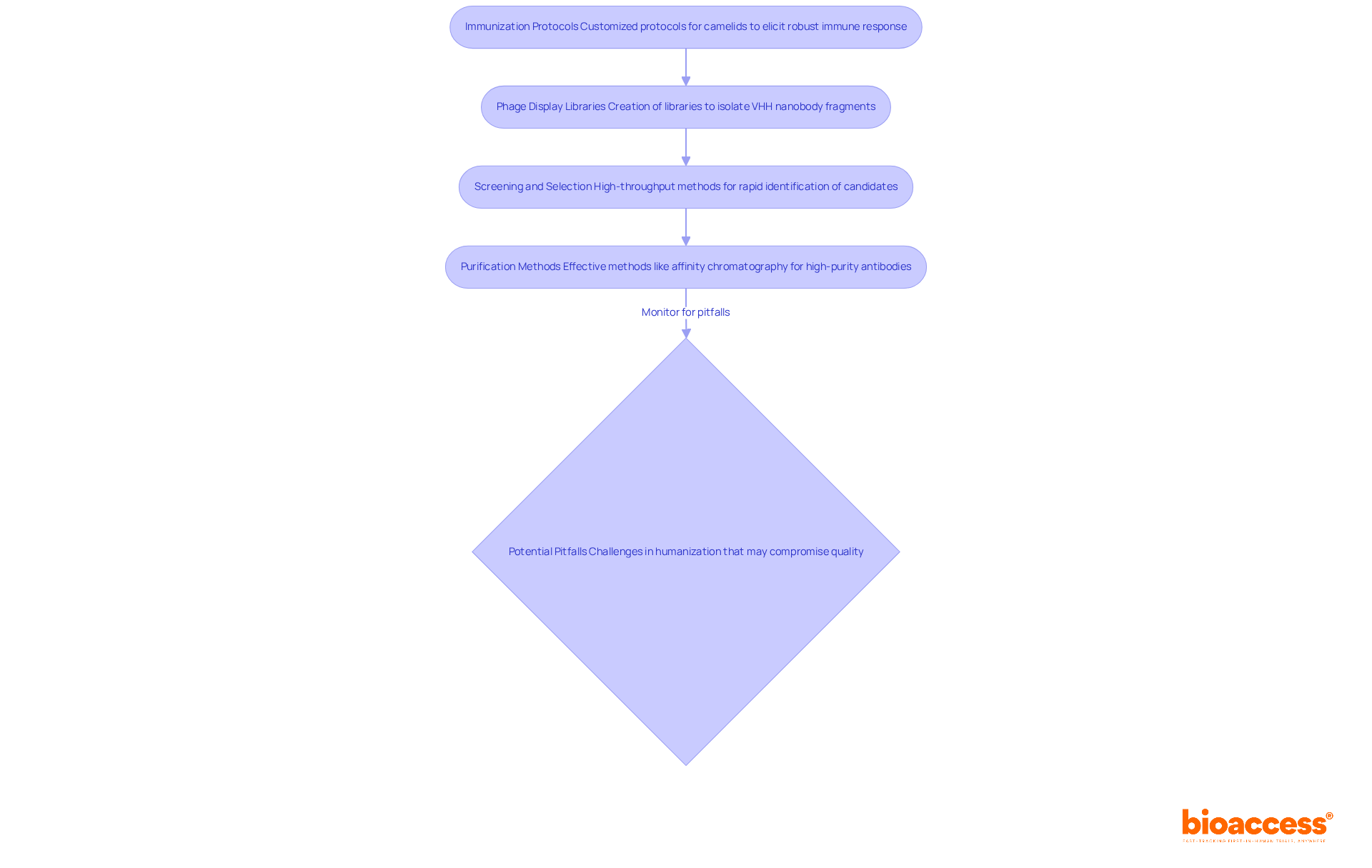 Each box represents an essential strategy in the nanobody production process. Follow the arrows to understand the sequence, and be aware of potential pitfalls noted in red. Each box represents an essential strategy in the nanobody production process. Follow the arrows to understand the sequence, and be aware of potential pitfalls noted in red.