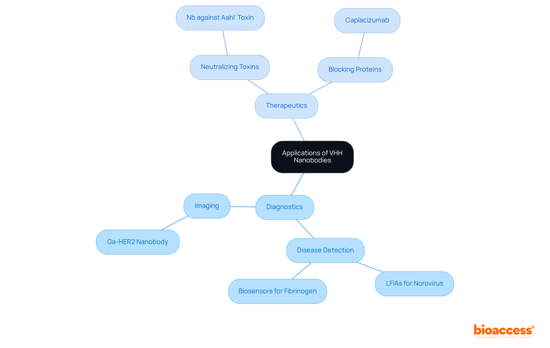 The central node represents VHH nanobodies, with branches showing their uses in diagnostics and therapeutics. Each sub-branch highlights specific applications and examples, illustrating how these nanobodies impact medical science. The central node represents VHH nanobodies, with branches showing their uses in diagnostics and therapeutics. Each sub-branch highlights specific applications and examples, illustrating how these nanobodies impact medical science.