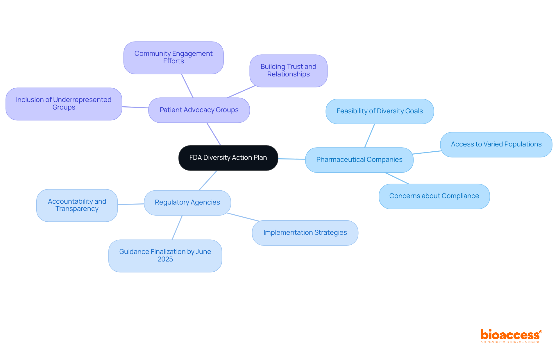 This mindmap shows the different stakeholder perspectives on the FDA Diversity Action Plan. Each branch represents a group, and the sub-branches detail their specific concerns and contributions to the conversation about diversity in medical research.