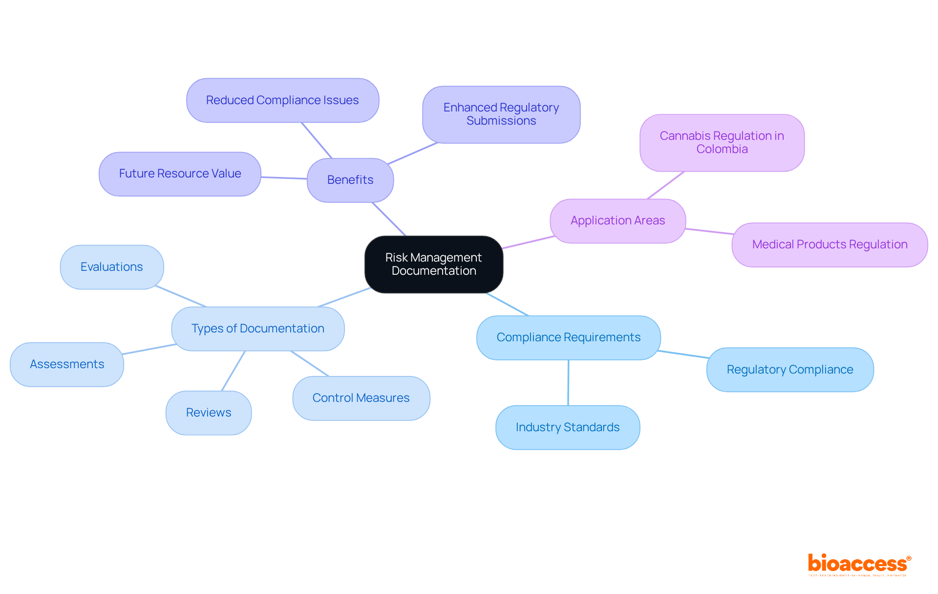 The central node represents the main theme of risk management documentation. Branches illustrate compliance needs, types of documents, their benefits, and specific application areas, making it easier to see how everything is interconnected.