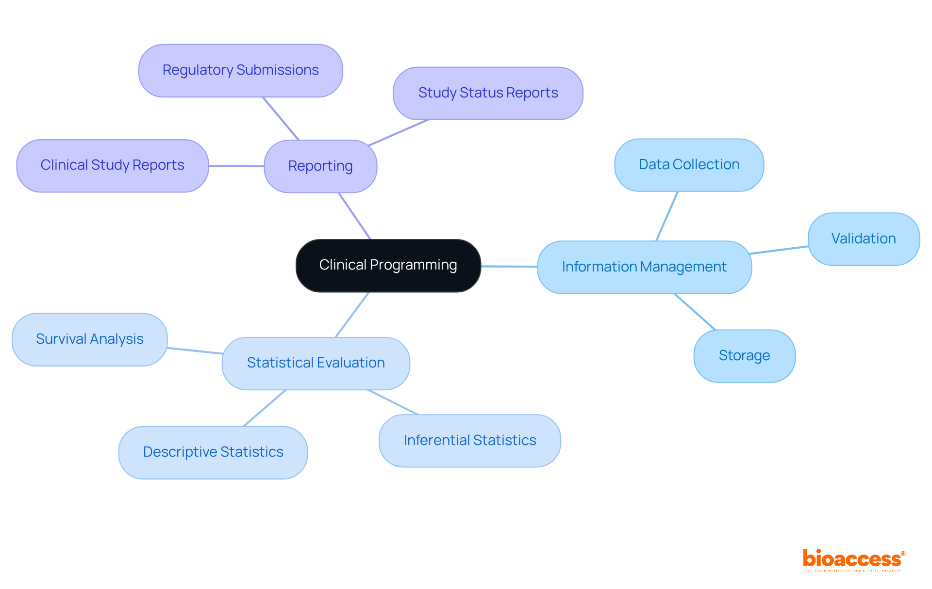 The central node represents the main topic of clinical programming. Each branch shows a key component, and the sub-branches detail specific elements or methodologies related to that component. The colors and layout help illustrate how these elements are interconnected.