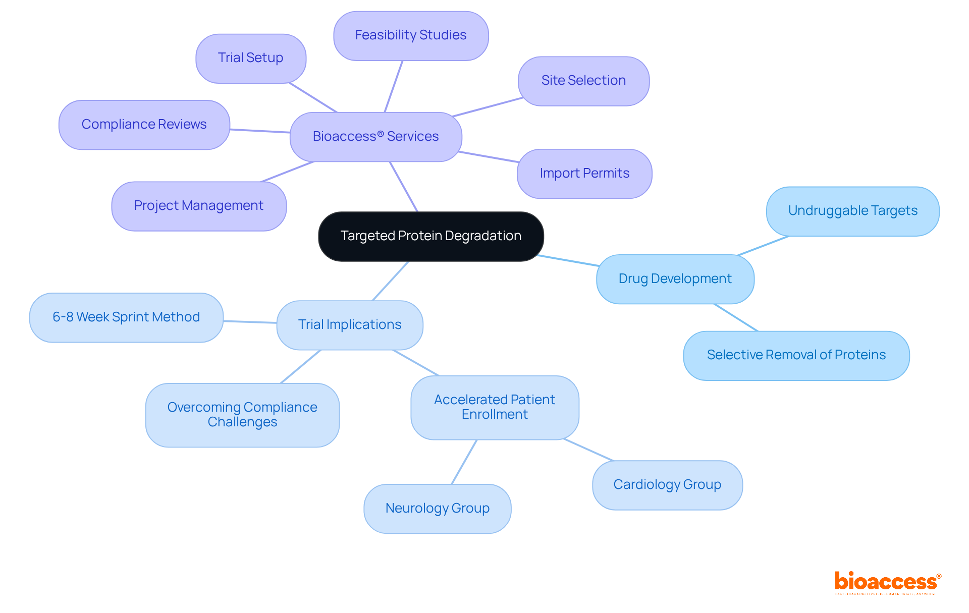 The central node captures the main focus, while the branches show related aspects of targeted protein degradation, helping you explore each area in depth. The central node captures the main focus, while the branches show related aspects of targeted protein degradation, helping you explore each area in depth.