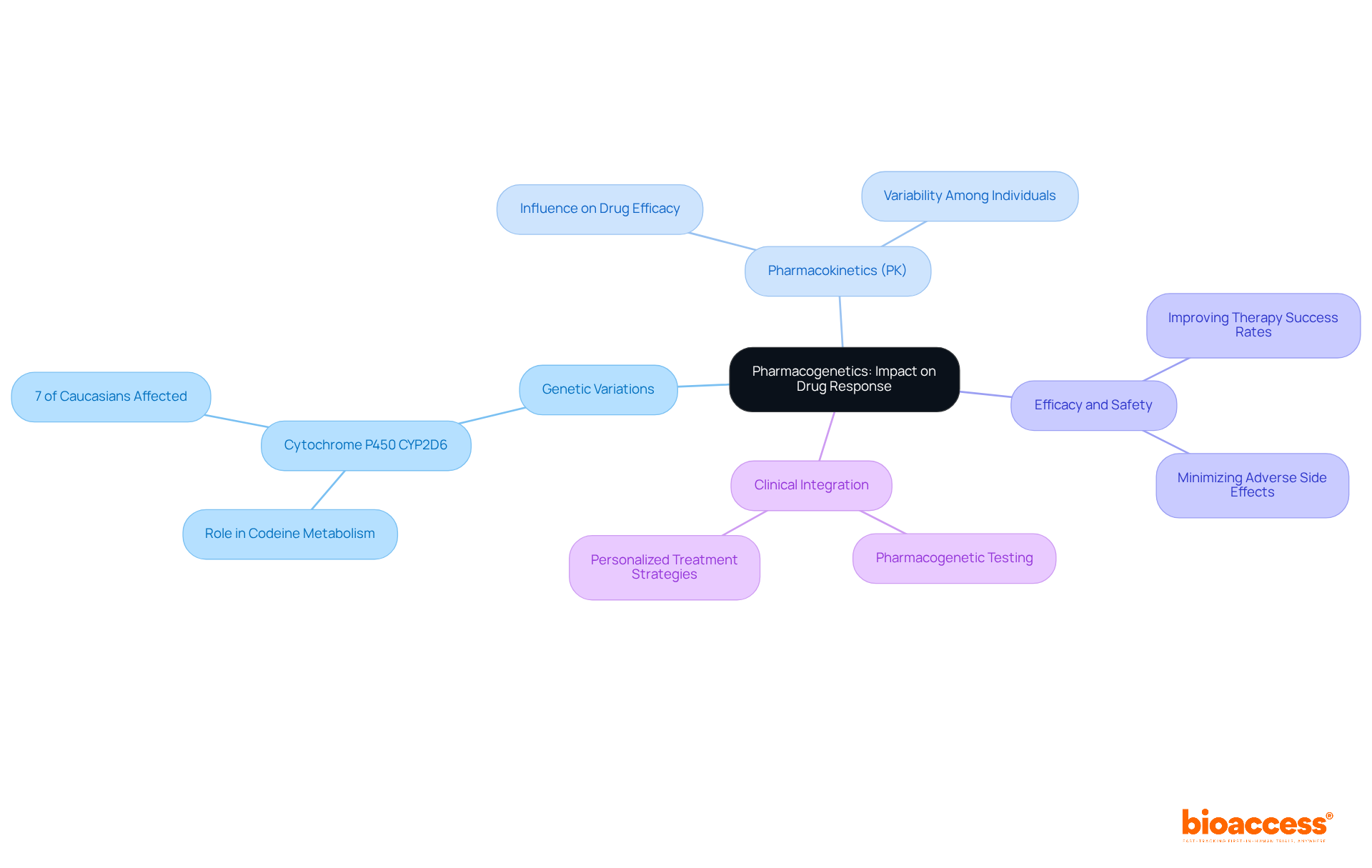 The central idea is pharmacogenetics, with branches representing key concepts and how they relate. Each branch and sub-branch shows the importance of genetics in drug response and treatment customization.