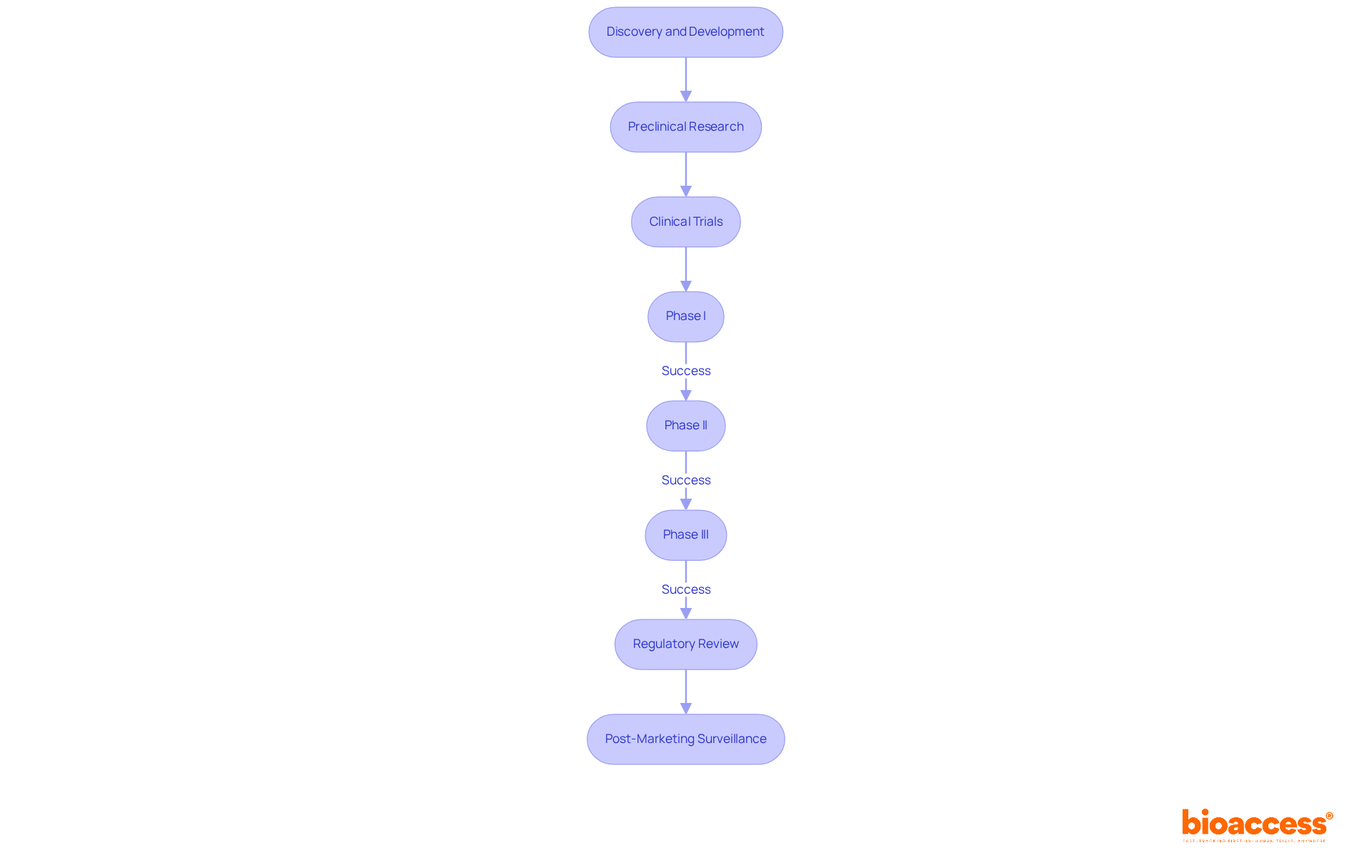 Each box represents a key stage in drug development. Follow the arrows to see how one phase leads to the next. The sub-boxes under Clinical Trials detail the specific phases of testing before regulatory approval. Each box represents a key stage in drug development. Follow the arrows to see how one phase leads to the next. The sub-boxes under Clinical Trials detail the specific phases of testing before regulatory approval.