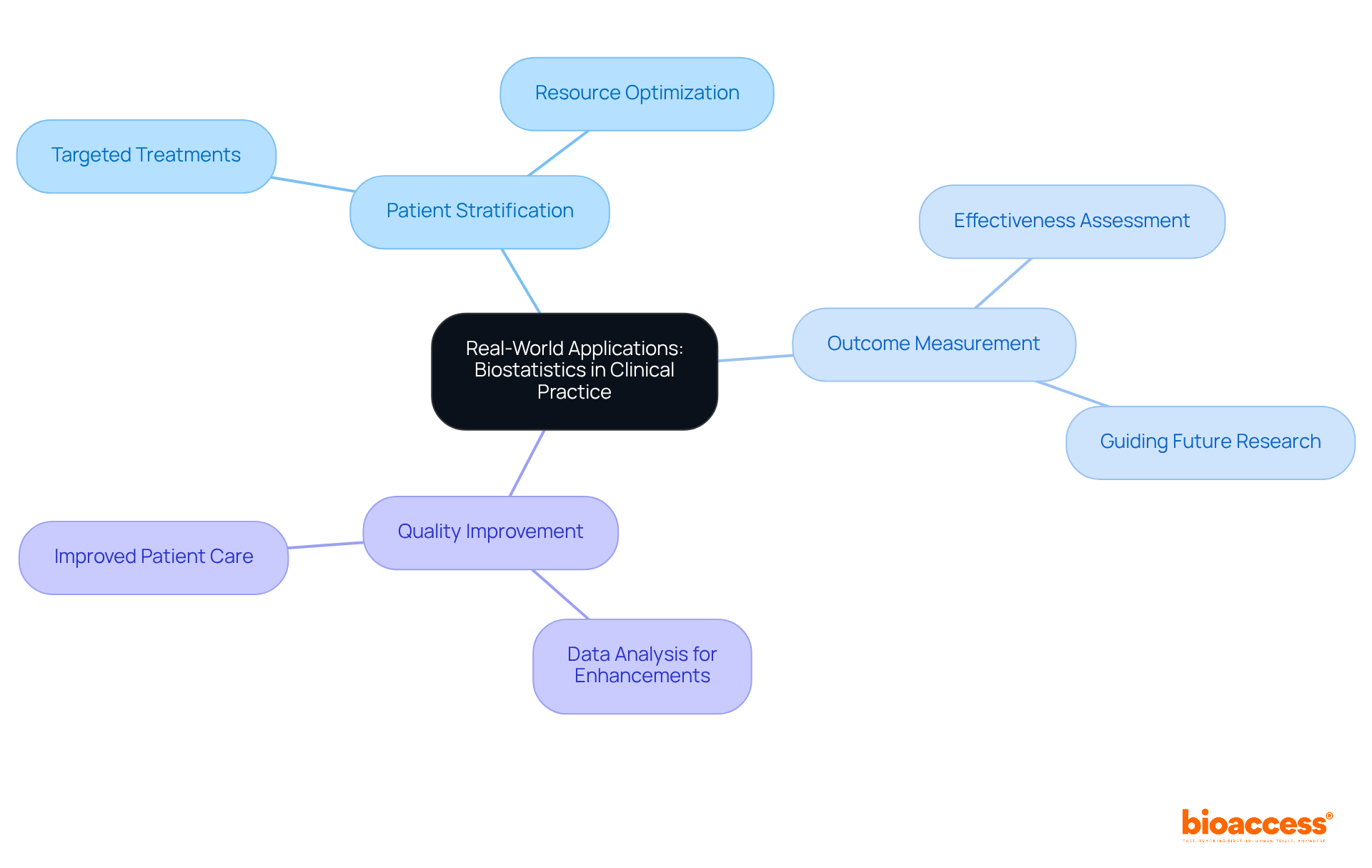 At the center, we start with the main theme of using biostatistics in healthcare. Each branch represents a key area of application, showing how these areas contribute to improving patient care and outcomes.