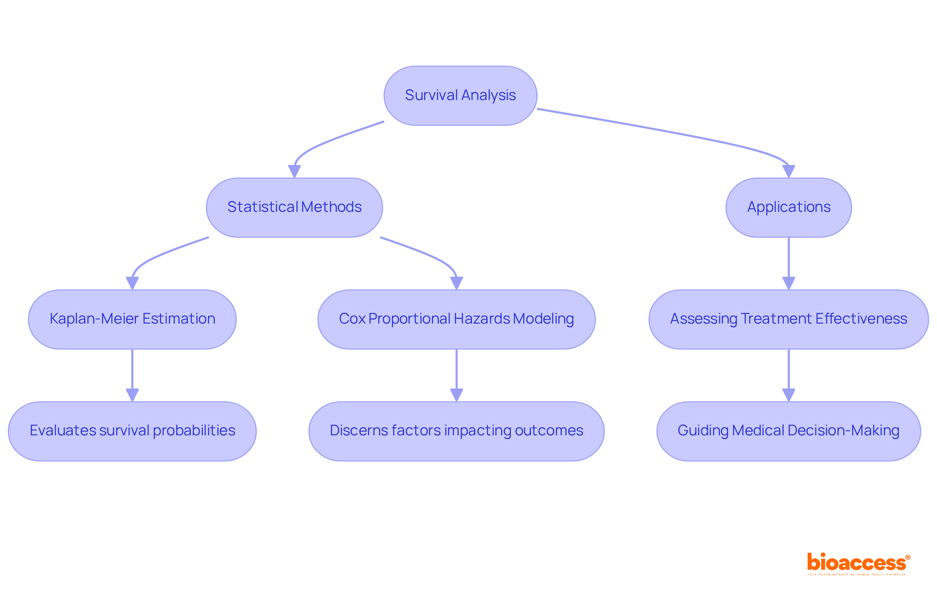 This flowchart shows how different statistical methods contribute to survival analysis. Follow the arrows to understand how these methods lead to practical applications in medical decision-making.
