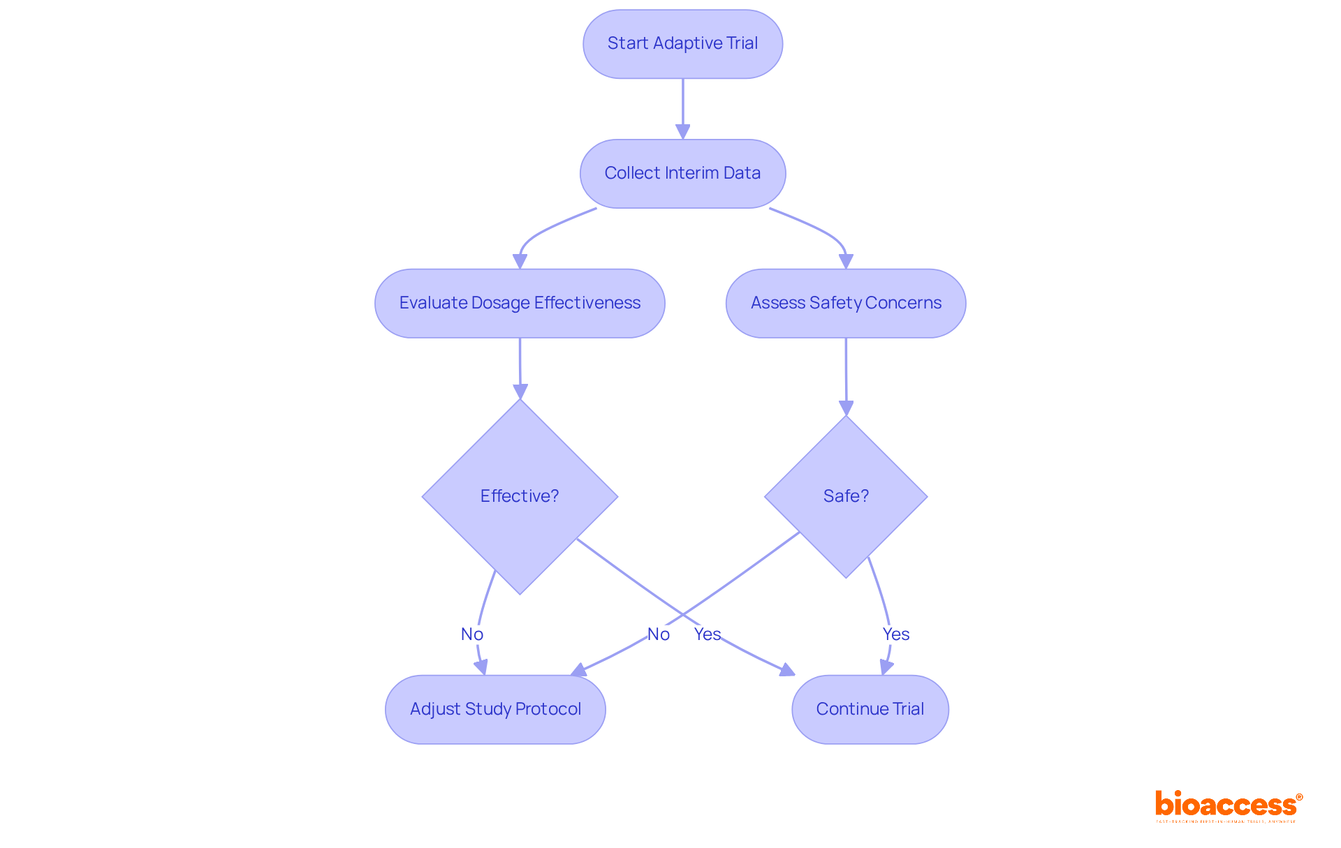 Follow the arrows to see how researchers collect data and make decisions about the trial. If something isn't working or is unsafe, adjustments are made to improve results and patient safety.