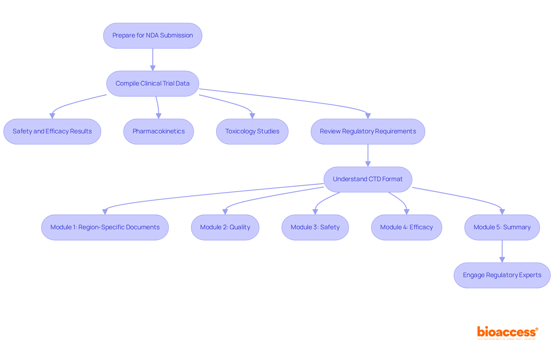 This flowchart outlines the steps you need to take for an NDA submission. Each box represents a key stage in the process — follow the arrows to see how everything connects and what comes next.