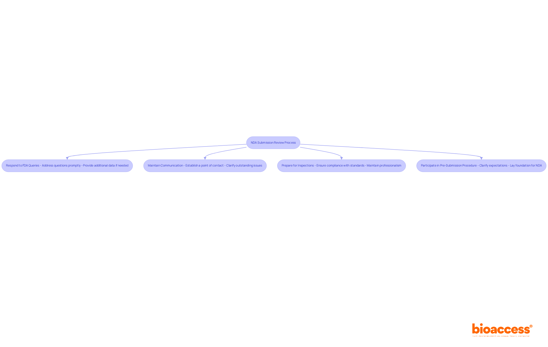 This flowchart outlines the key responsibilities you need to manage after submitting your NDA. Follow the arrows to see the steps in order — each box represents a crucial action to ensure a smooth review process.