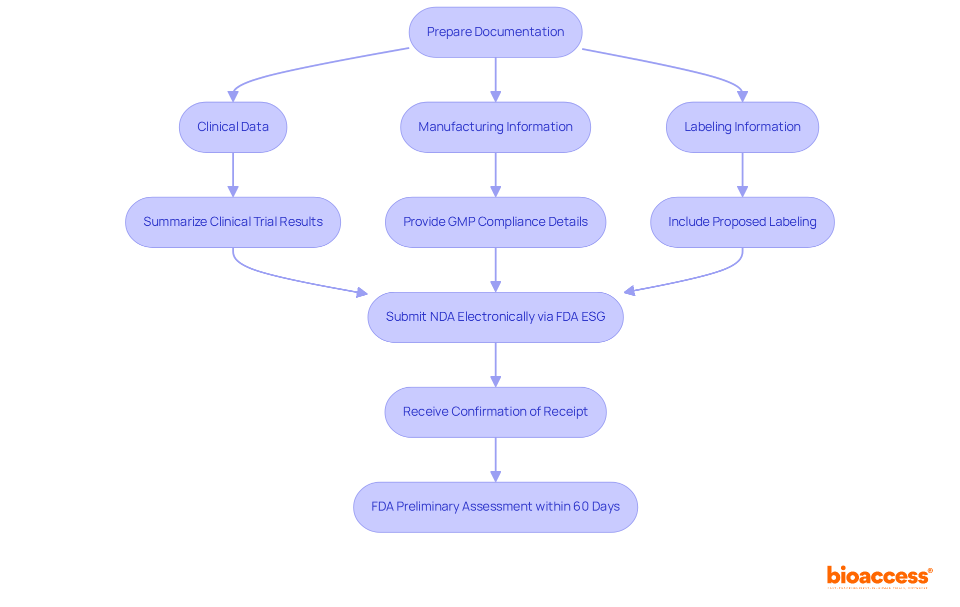 Follow the arrows through each step of the NDA submission process. Each box represents an important action or information needed for successful filing.