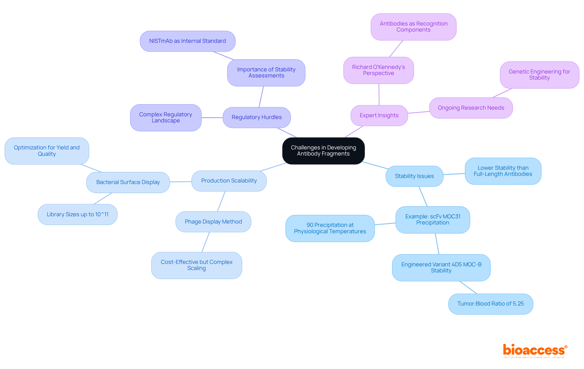 The central node represents the overall theme, with branches indicating major challenges. Each sub-branch provides specific details or examples related to that challenge, helping you navigate the complexities of developing antibody fragments.