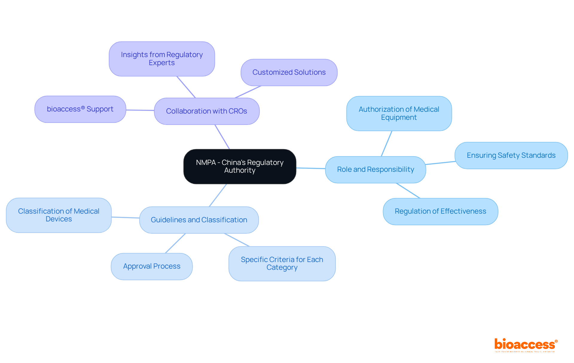 The central node represents the NMPA, with branches showing its key roles and how companies can navigate its regulations. The colors help differentiate between various topics, making it easier to follow the connections.