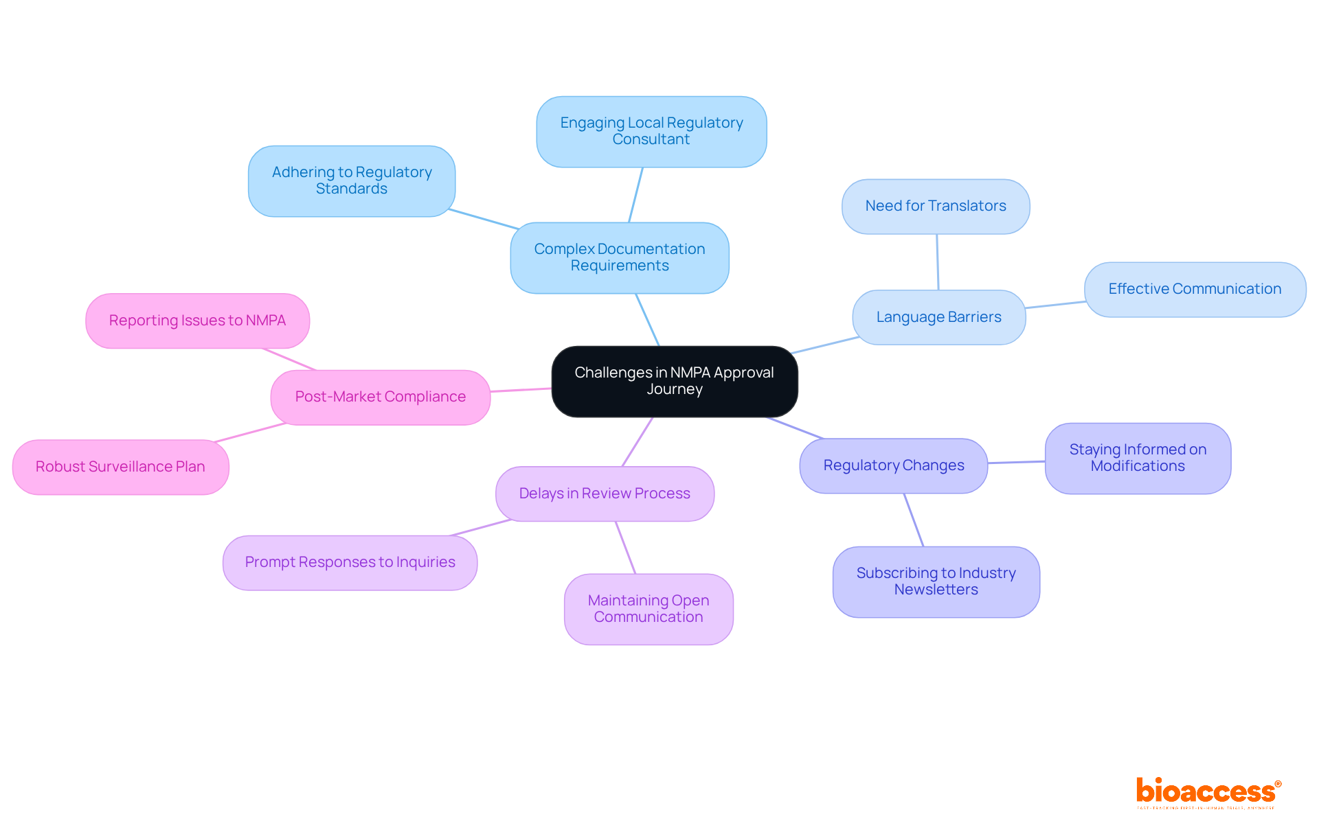 This mindmap highlights the main challenges you may encounter when navigating the NMPA approval process. Each branch represents a specific challenge, allowing you to explore the details of each aspect easily.