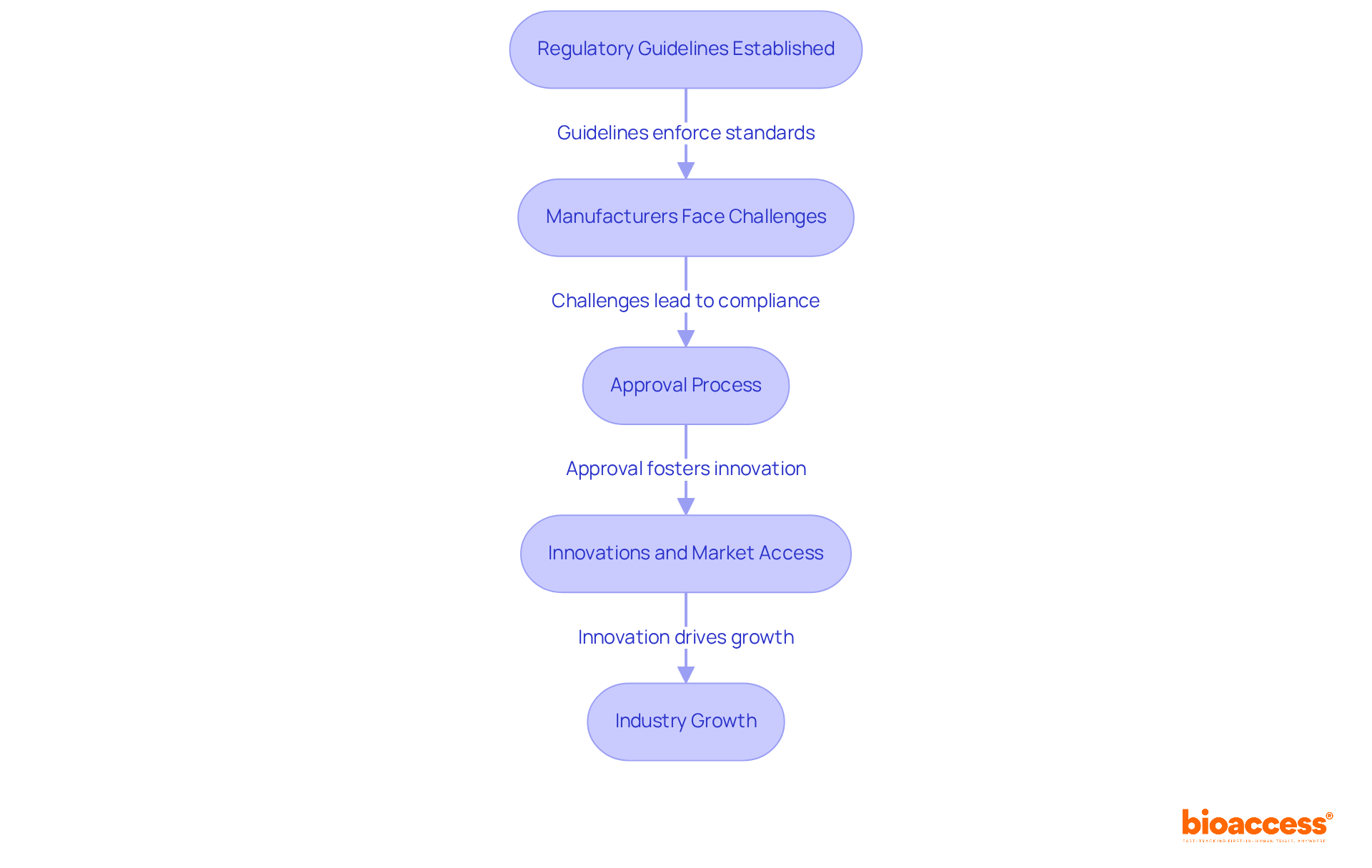 Each box represents a stage in the regulatory process. Follow the arrows to see how challenges lead to innovation and ultimately contribute to the growth of the medical device industry.