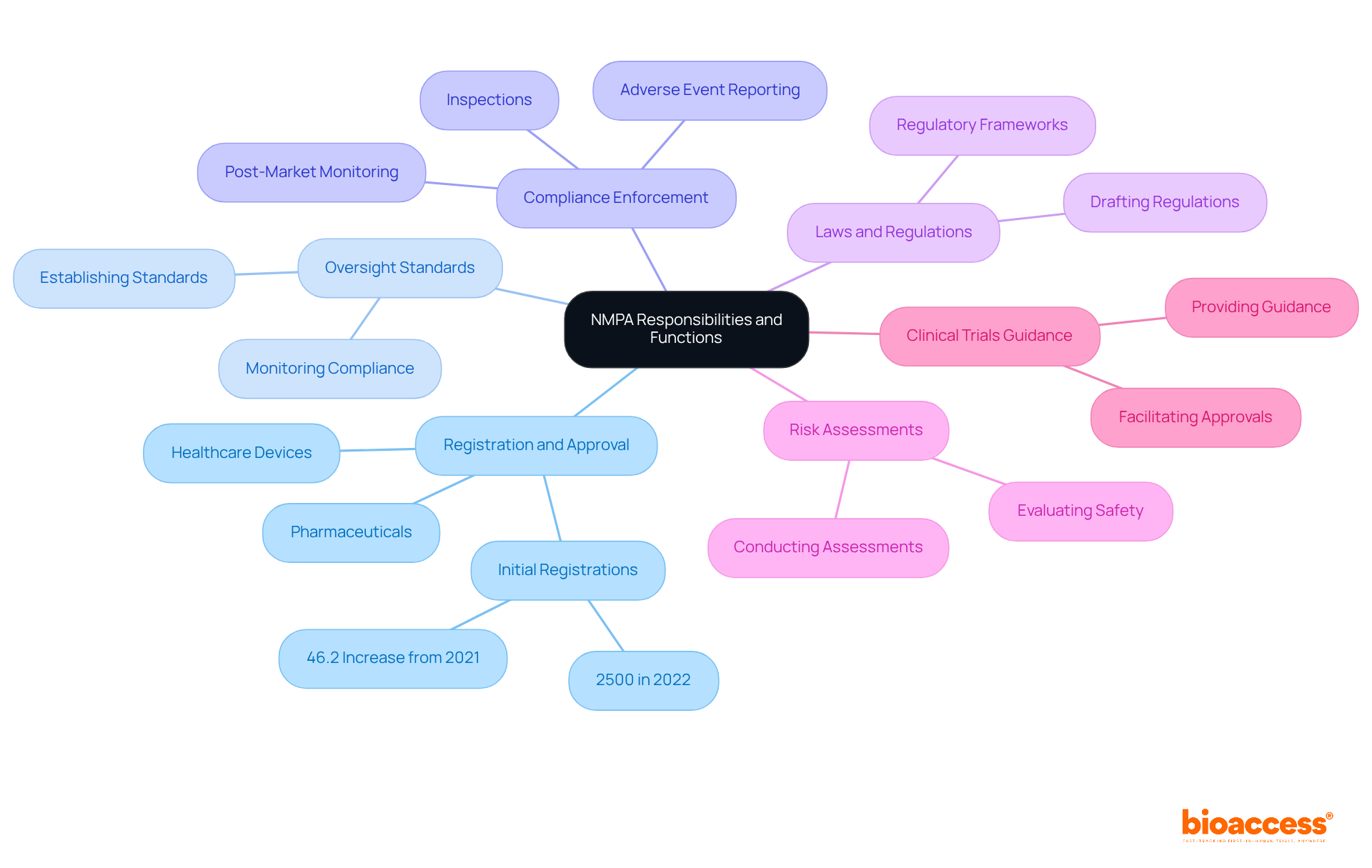 The central node represents the NMPA, with branches showing its various responsibilities. Each color-coded branch indicates different areas of focus, helping readers understand how these functions interrelate.