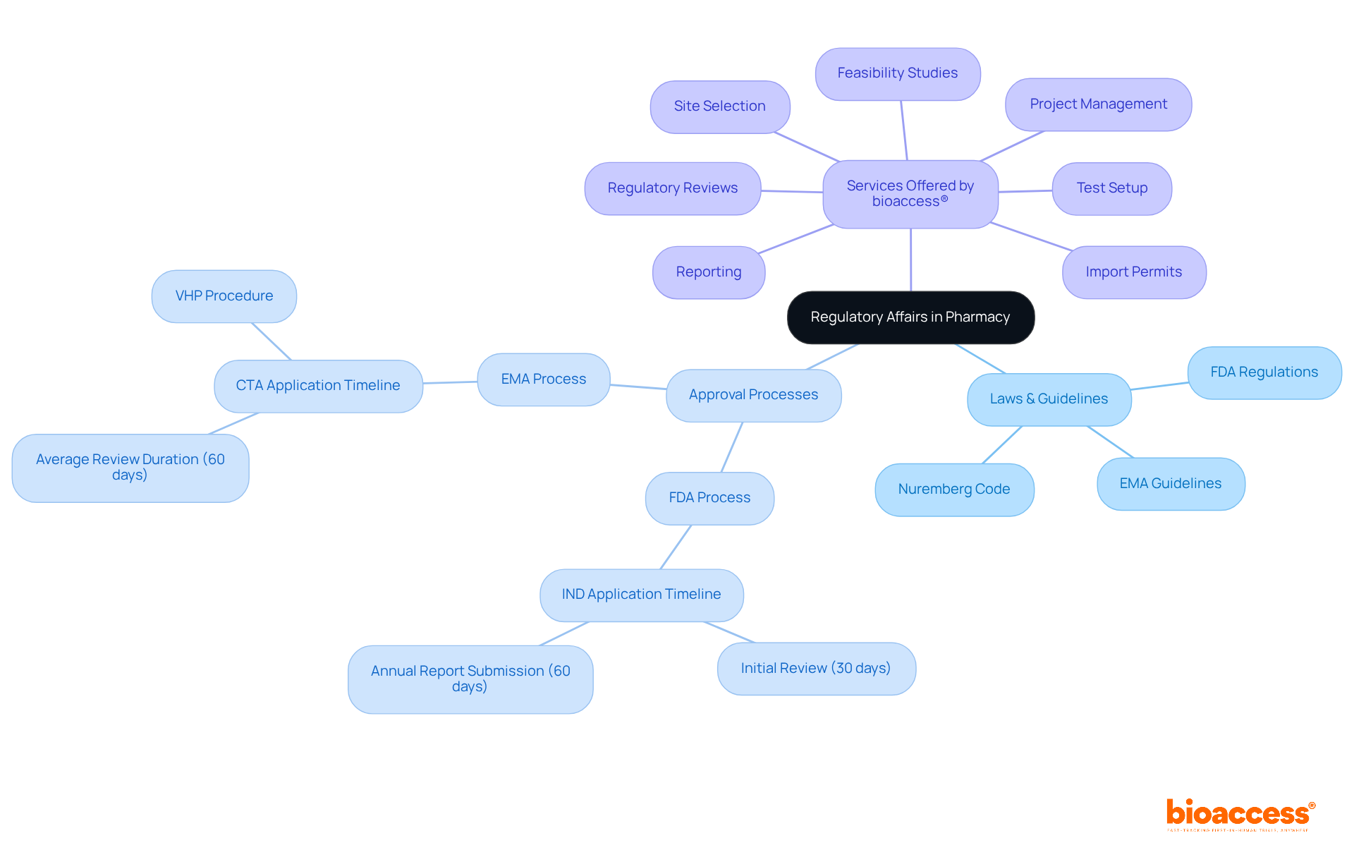 The central node represents the main topic of regulatory affairs in pharmacy. Branches explore key aspects like laws, approval processes, and specific services, helping you understand how they interact and contribute to the overall landscape.