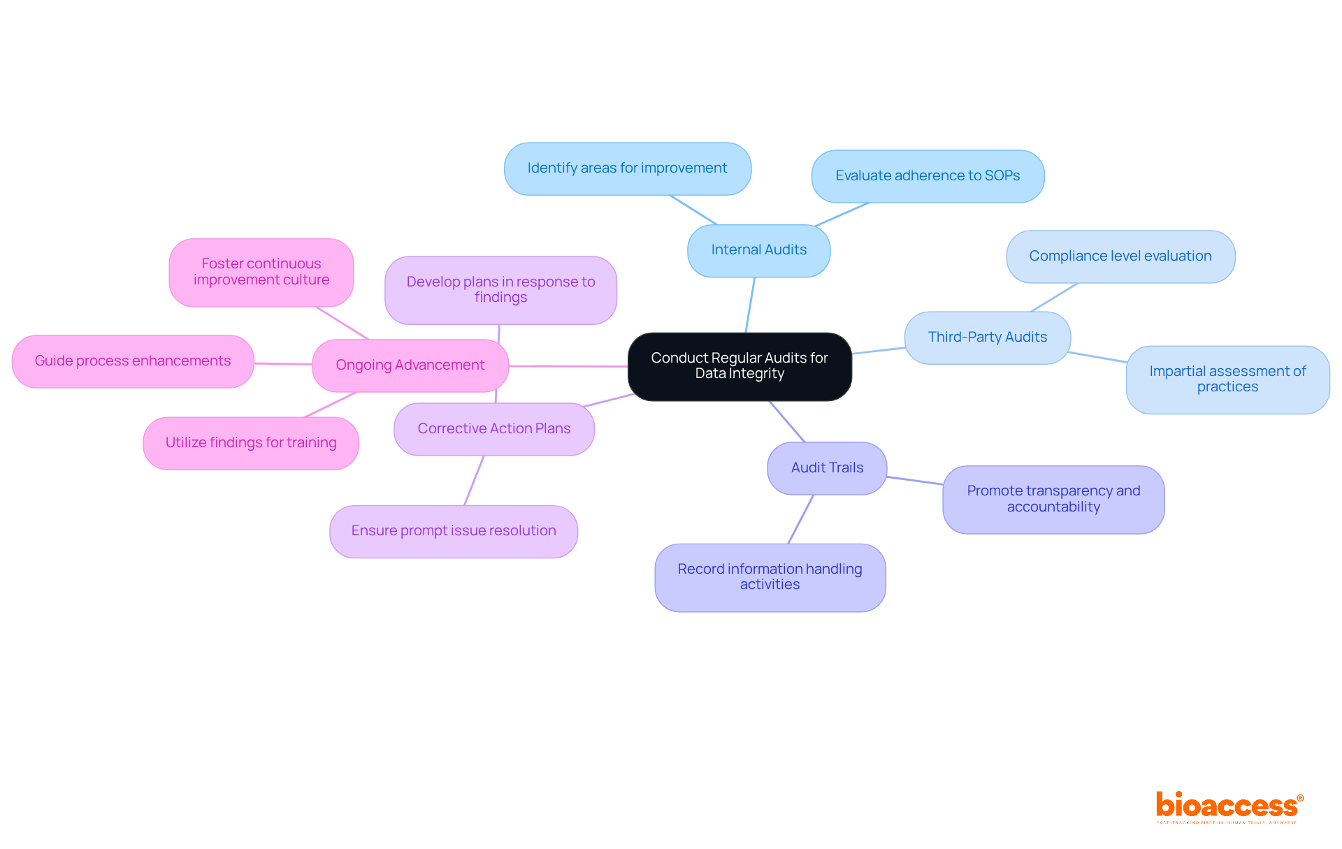 The central node represents the main goal of conducting audits. Each branch shows a specific practice that contributes to achieving better data integrity, and sub-branches can include further details or actions related to each practice.