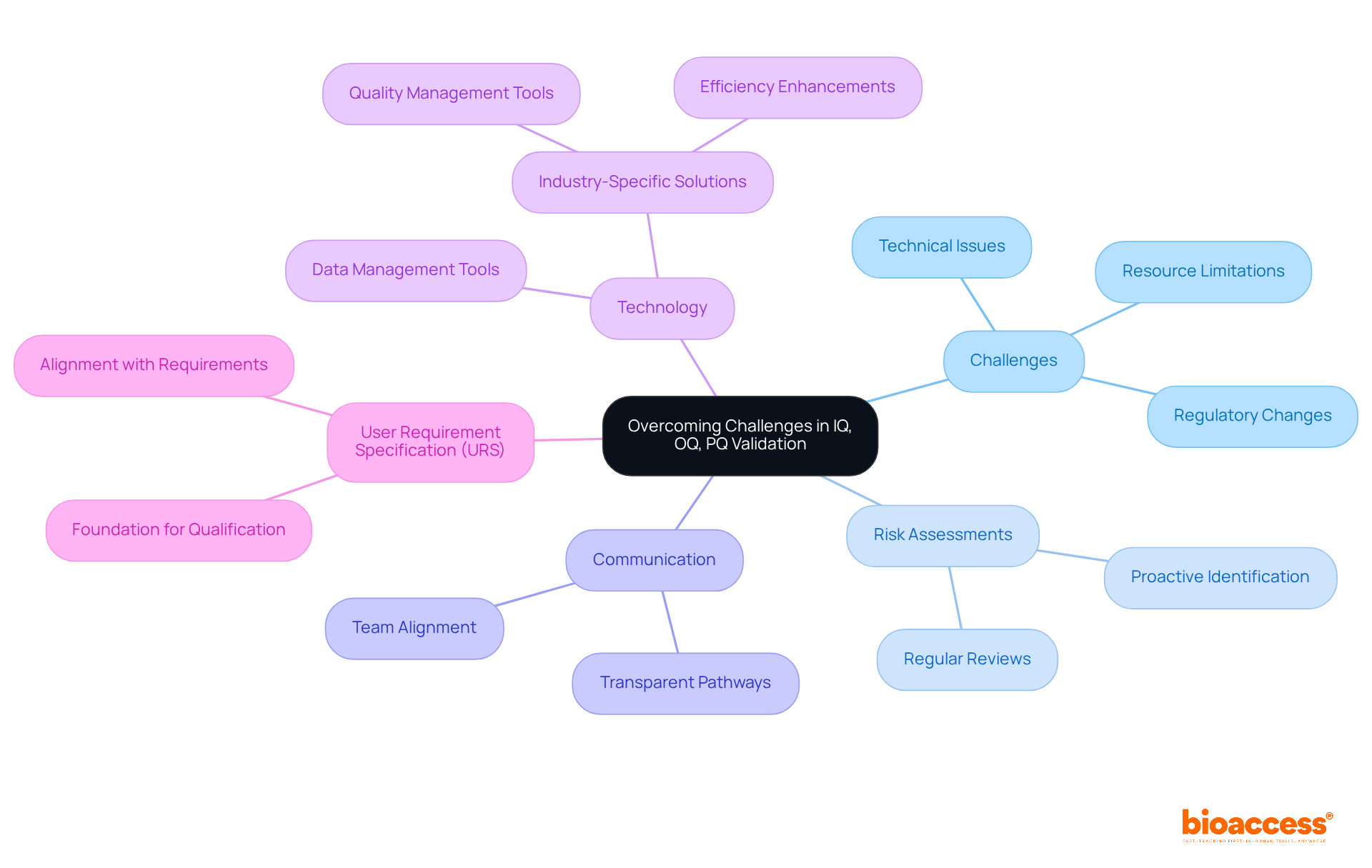This mindmap starts with the main challenge of validation processes in the center and branches out into various strategies and factors that help overcome these challenges. Each branch represents a key area of focus, and the sub-branches provide more detailed insights into specific aspects.