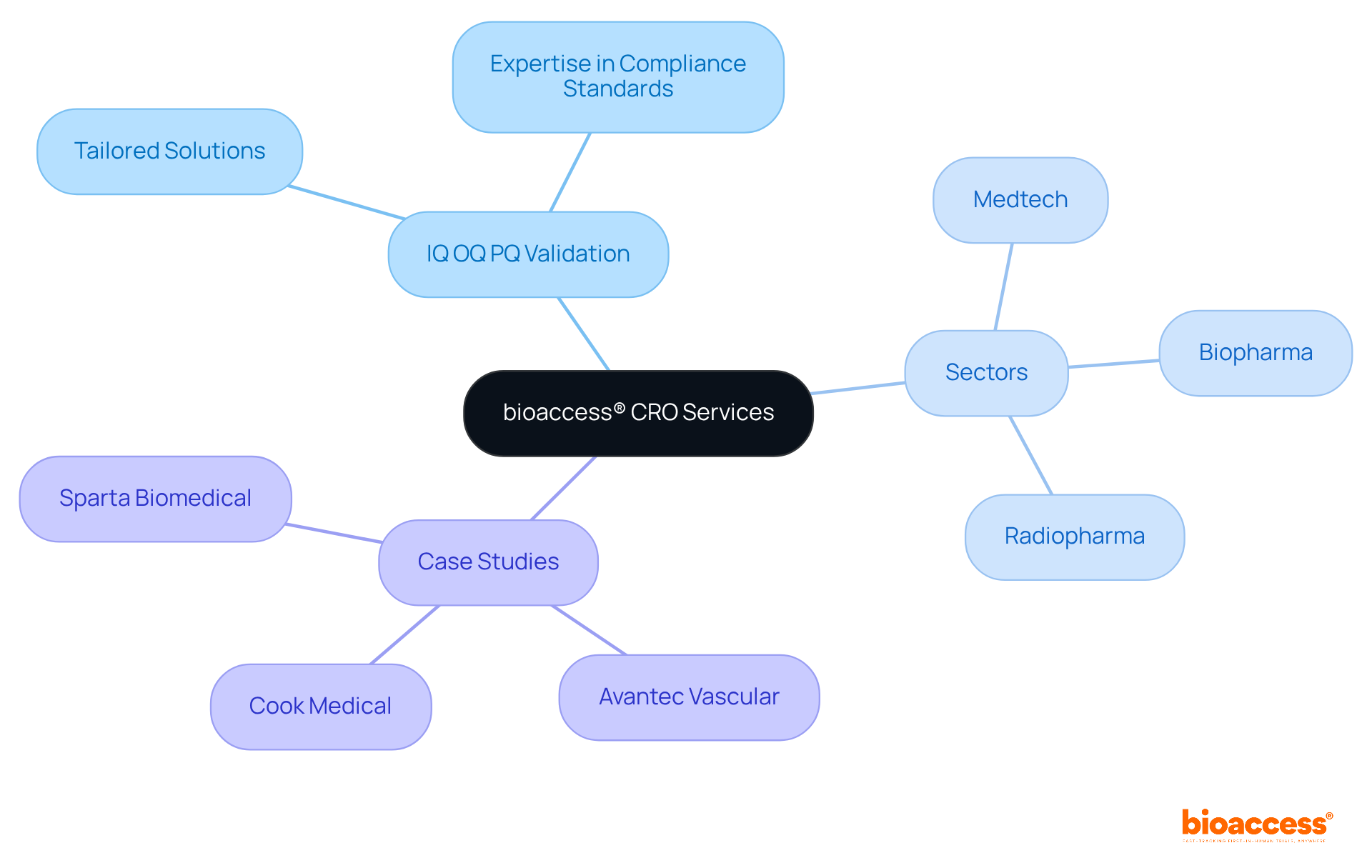 The mindmap starts at the center with bioaccess®'s core services and branches out to show how these services connect to different medical sectors and success stories.
