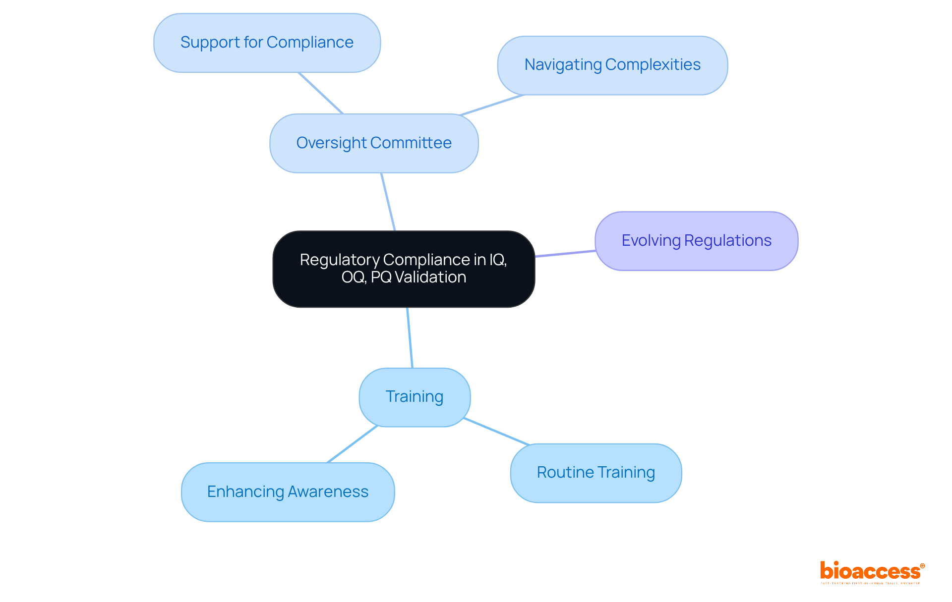 The center represents the key theme of compliance in validation. Branches show different strategies to enhance compliance, helping you see how they relate to the main goal.