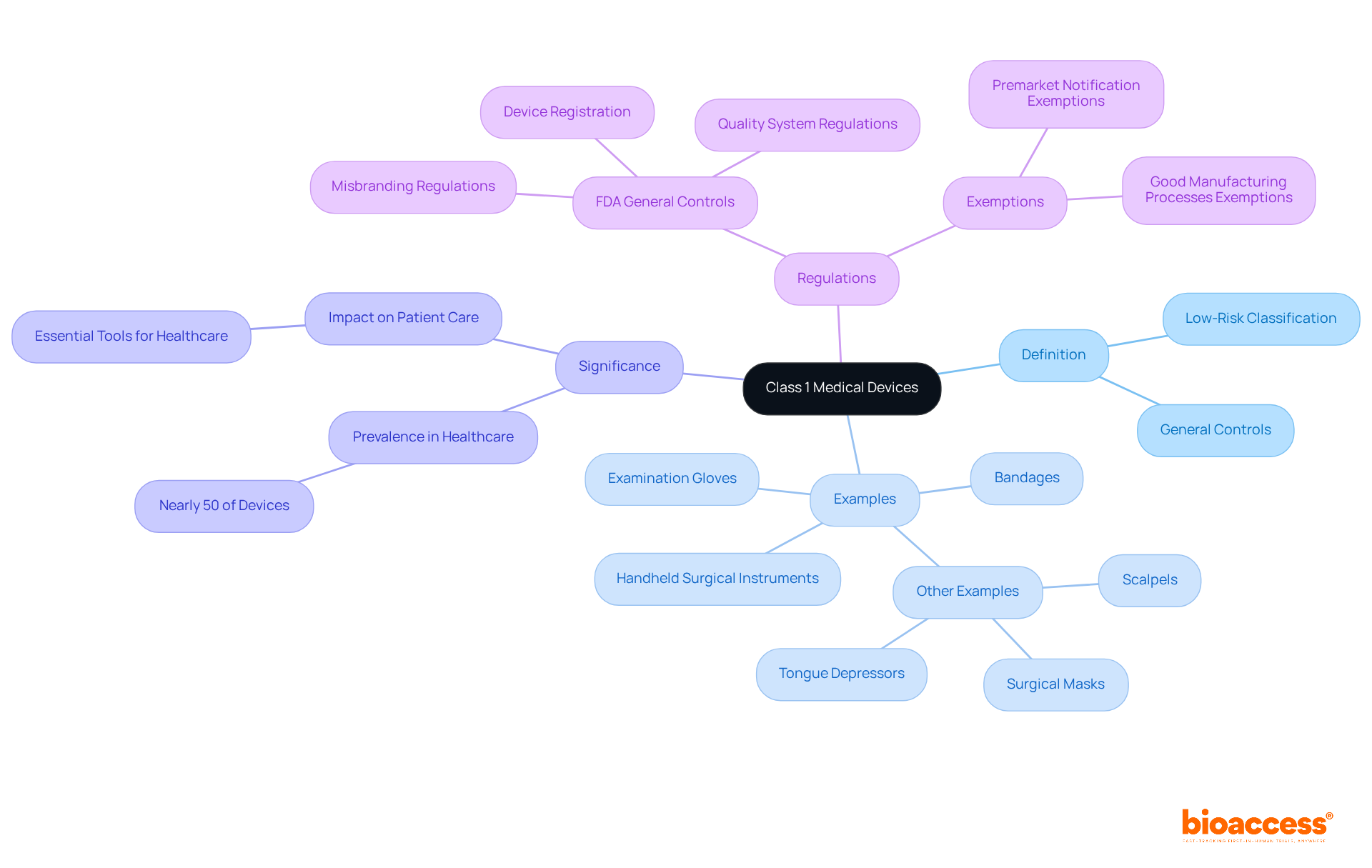 The center represents Class 1 Medical Devices, with branches showing definitions, examples, significance in healthcare, and regulatory aspects. Each color-coded branch helps you navigate the information easily.