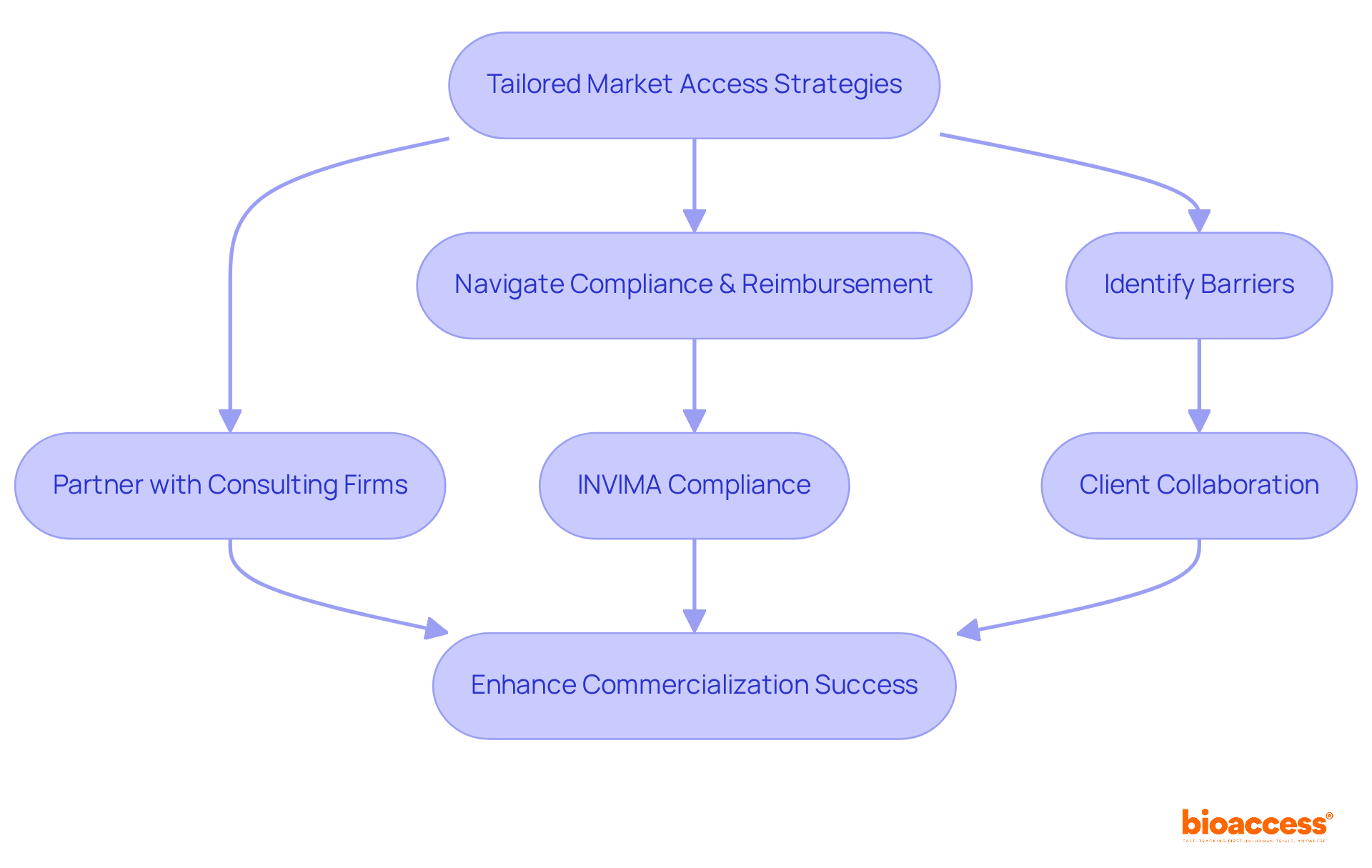 Follow the arrows to see how each step connects in the process of developing strategies for market access. Each box represents a key action or consideration in the journey towards successful commercialization.