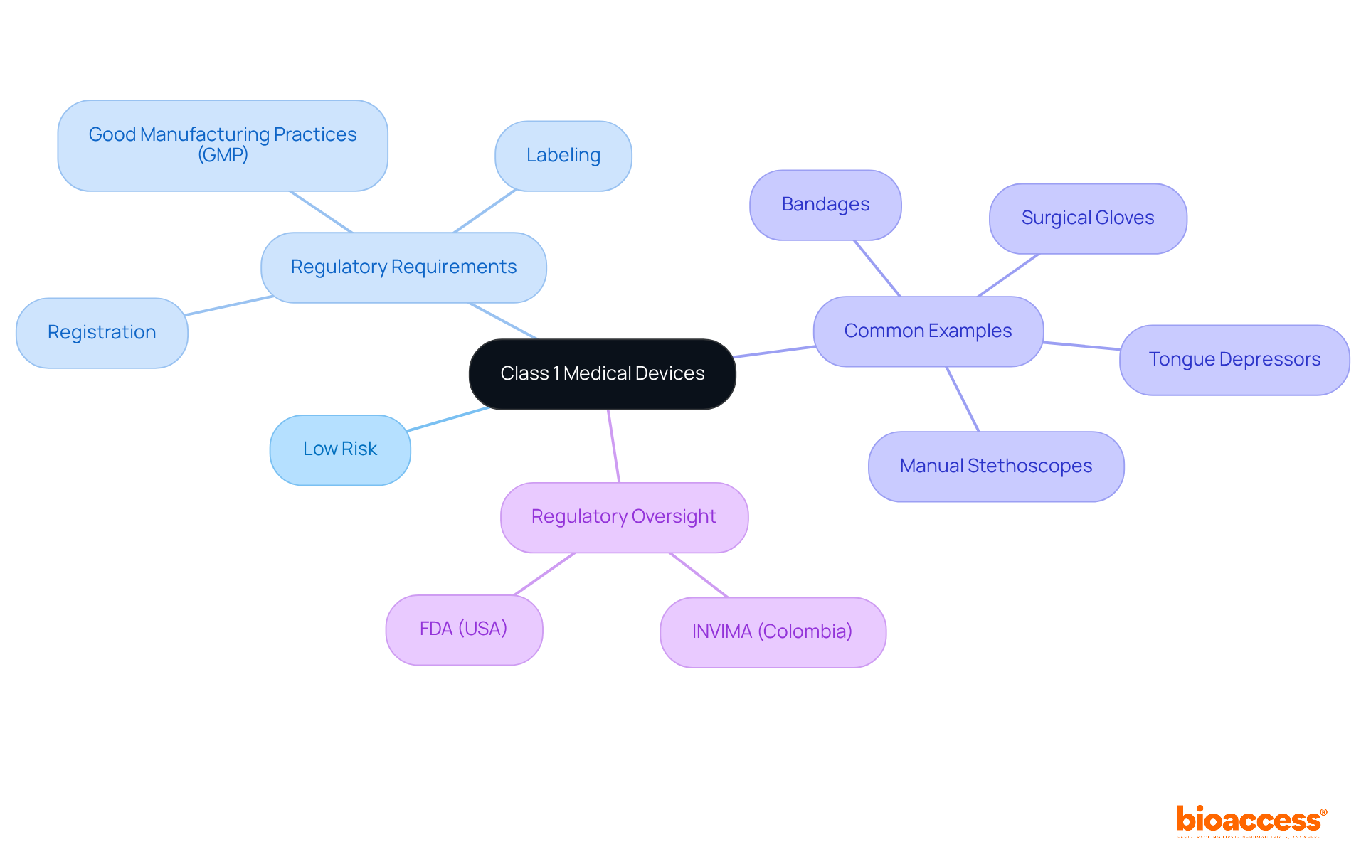 The central node represents Class 1 Medical Devices, and branches show their characteristics and requirements. Follow the branches to explore regulations, examples, and oversight.