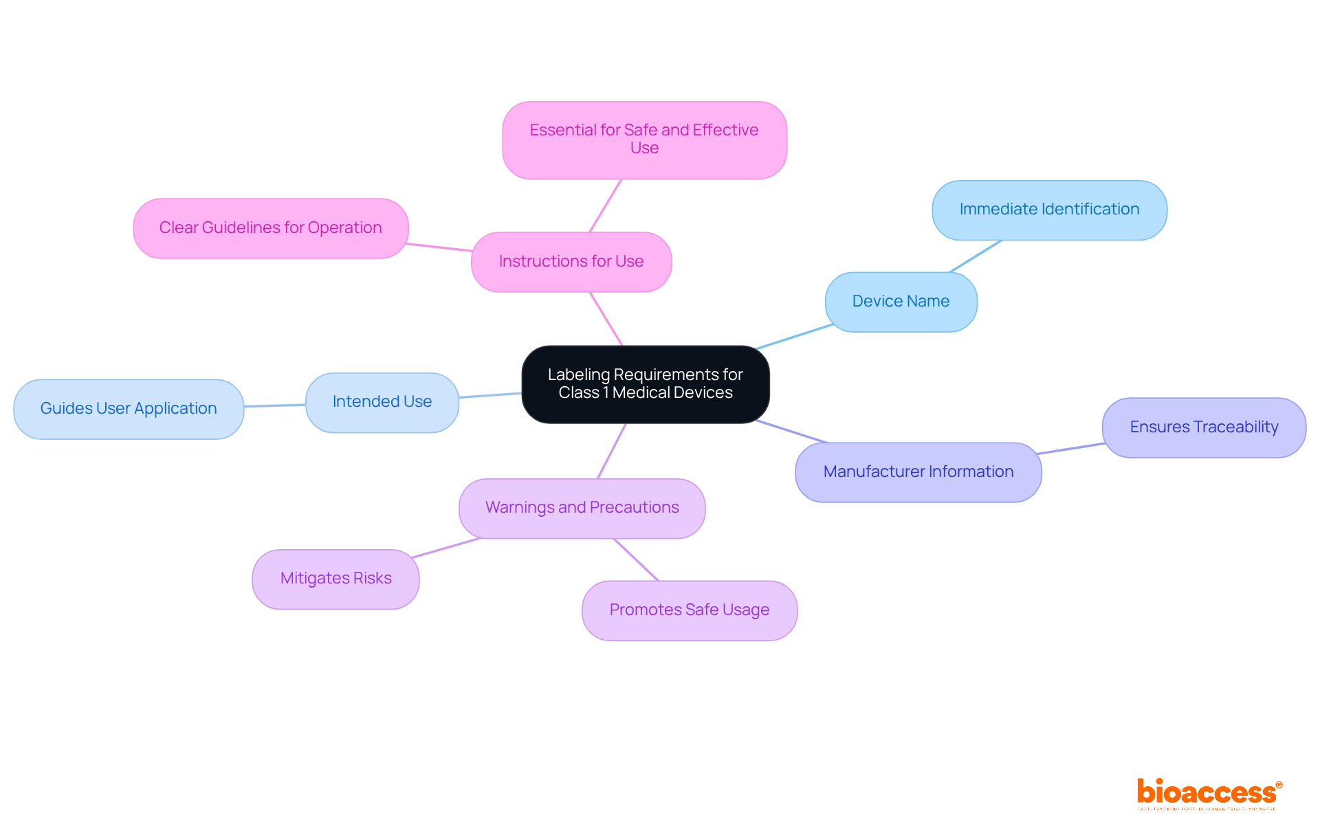 The center represents the main topic. Each branch highlights a key requirement for labeling medical devices, showing how each plays a role in safety and compliance.