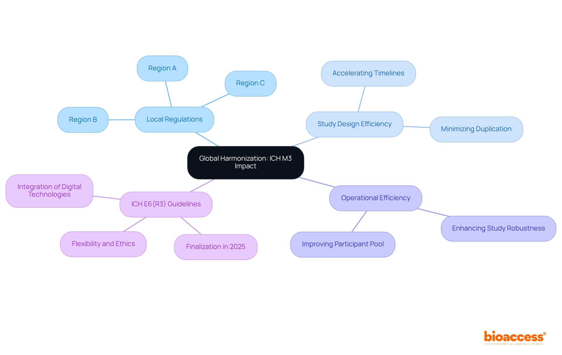 The central node represents the main topic, while branches show key areas influenced by ICH M3, helping you see how they connect and contribute to successful international research.