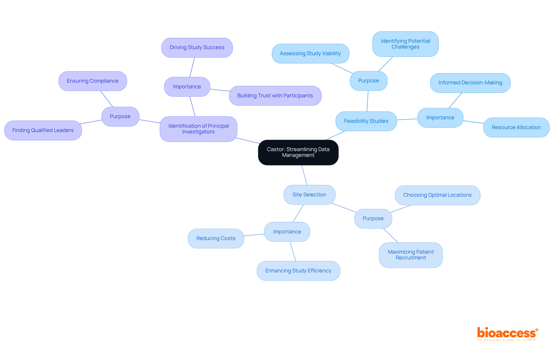 The center represents the main goal of data management streamlining. Each main branch shows a specific service offered, and the sub-branches explain what each service entails and its significance in the clinical trial process.