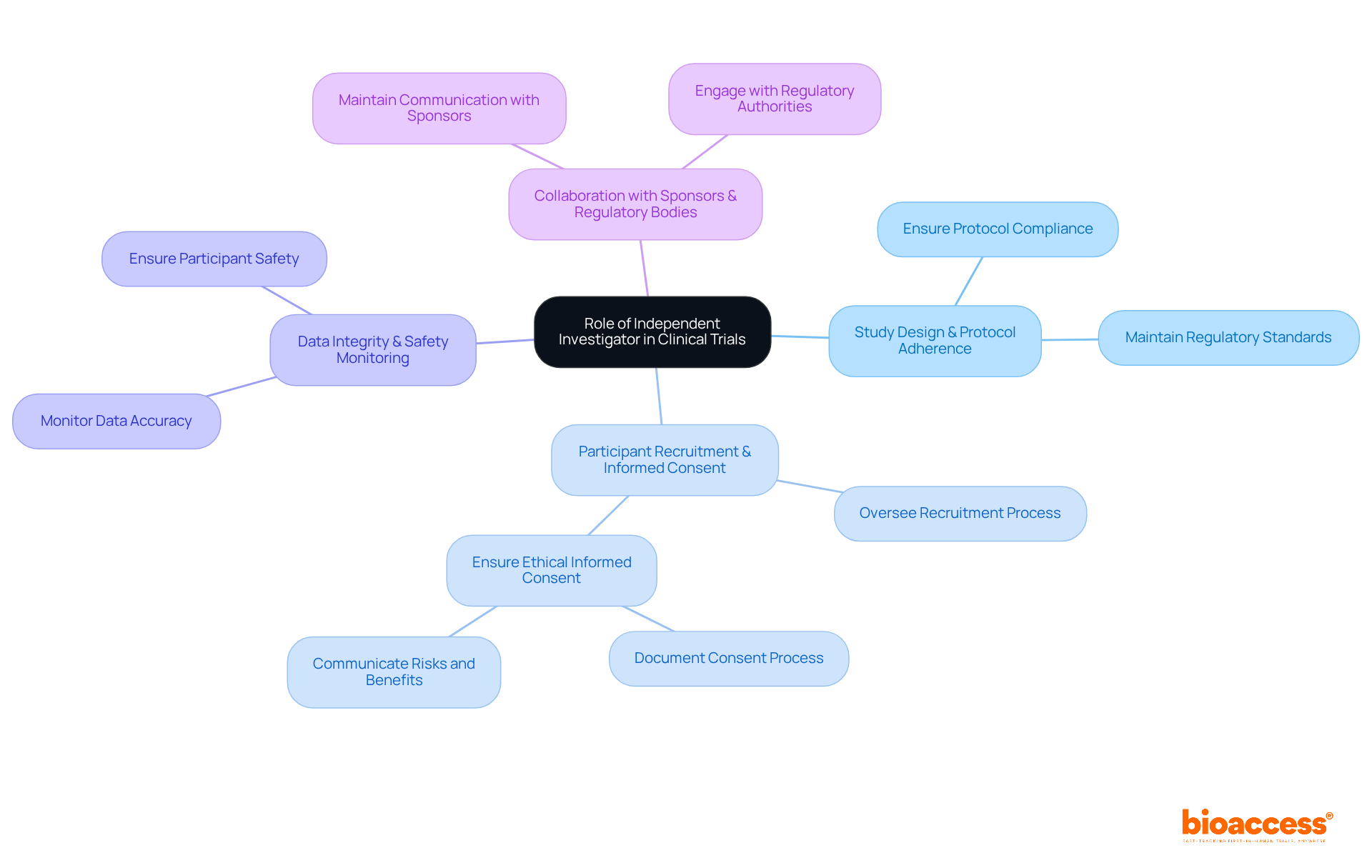 The center shows the main role, and the branches illustrate the key responsibilities. Each color-coded branch helps identify different areas of focus, making it easy to understand the multifaceted role of investigators.
