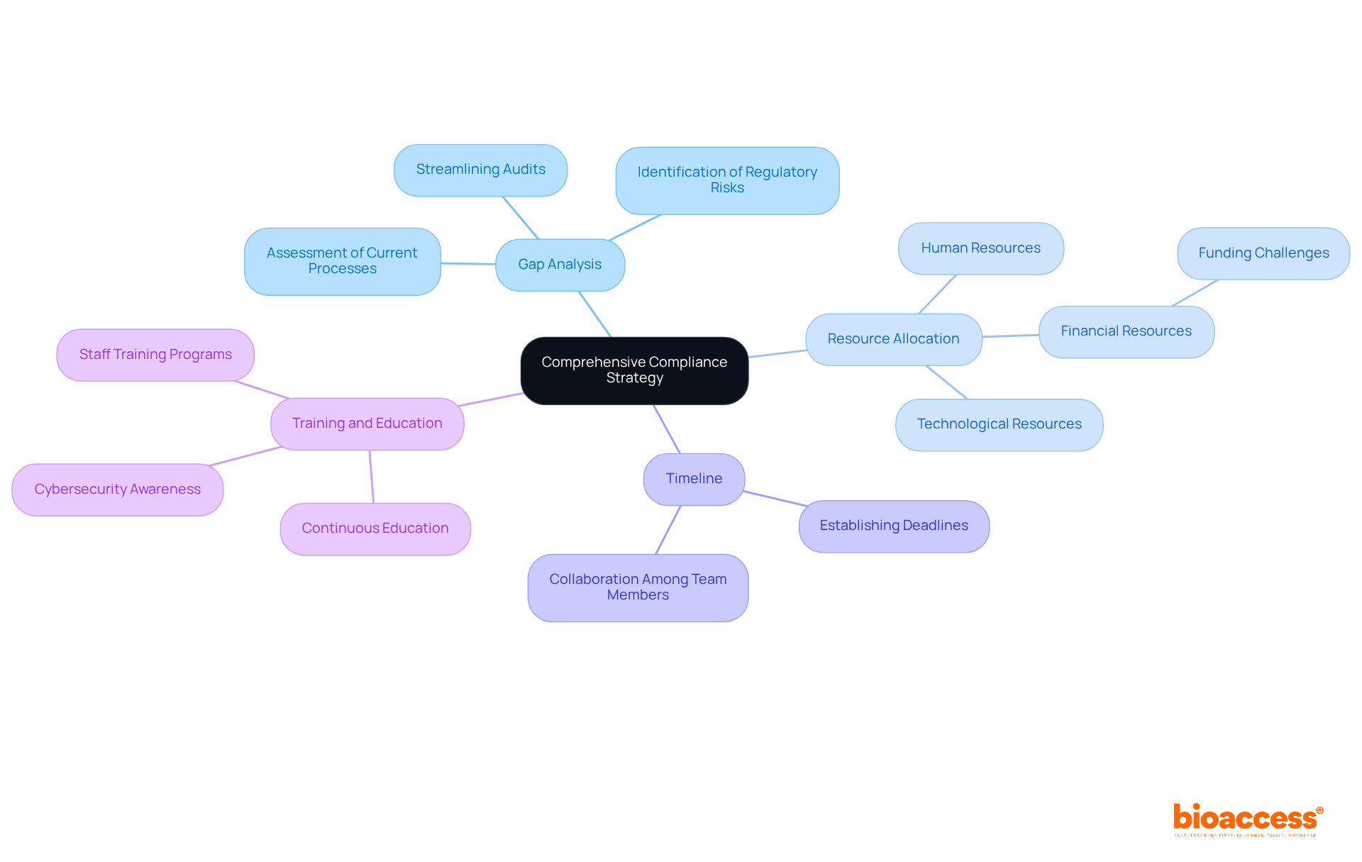 The central node represents the overall strategy. Each branch illustrates a key component of compliance, with further details provided in sub-branches, helping you see how each area contributes to the strategy.