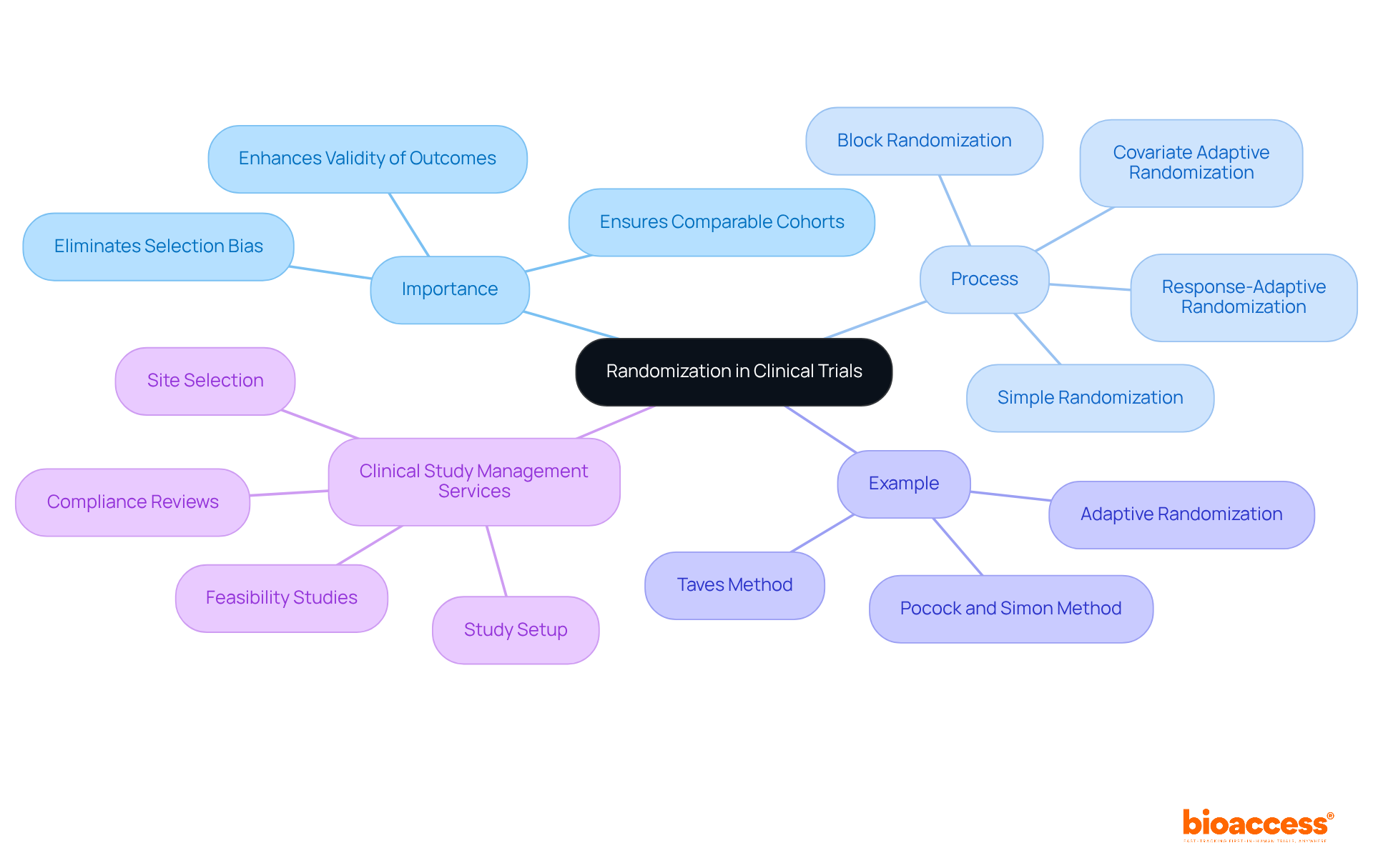 In the center, you'll find the main idea of randomization. Each branch shows why it's important, how it works, examples of its application, and services that support it. The more you branch out, the more detailed the information gets!
