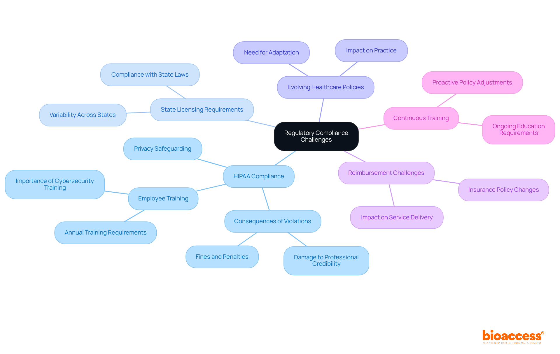 The center represents the main theme of regulatory compliance, with branches showing the different challenges and aspects. Each branch highlights specific issues and considerations that clinical social workers must navigate.