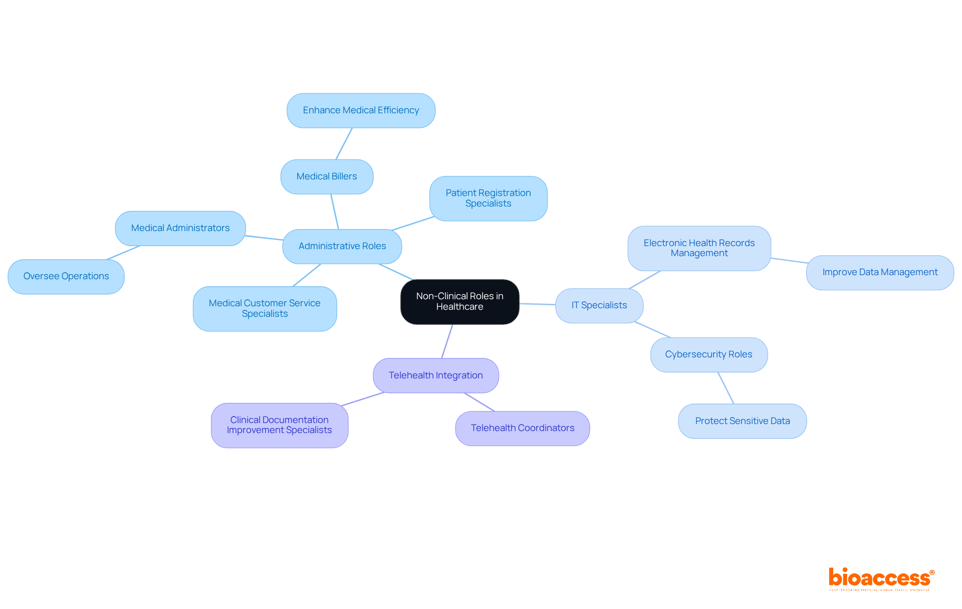 The center represents the overall theme of non-clinical roles, while the branches show different categories of roles and their specific functions in supporting healthcare services.
