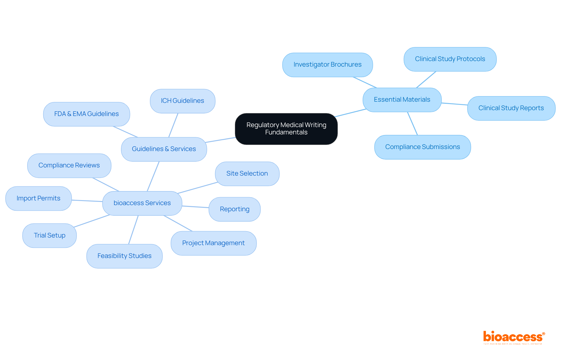 The central node represents the core topic. Branches illustrate the key components of regulatory writing and the supporting services, making it easy to see how everything connects.