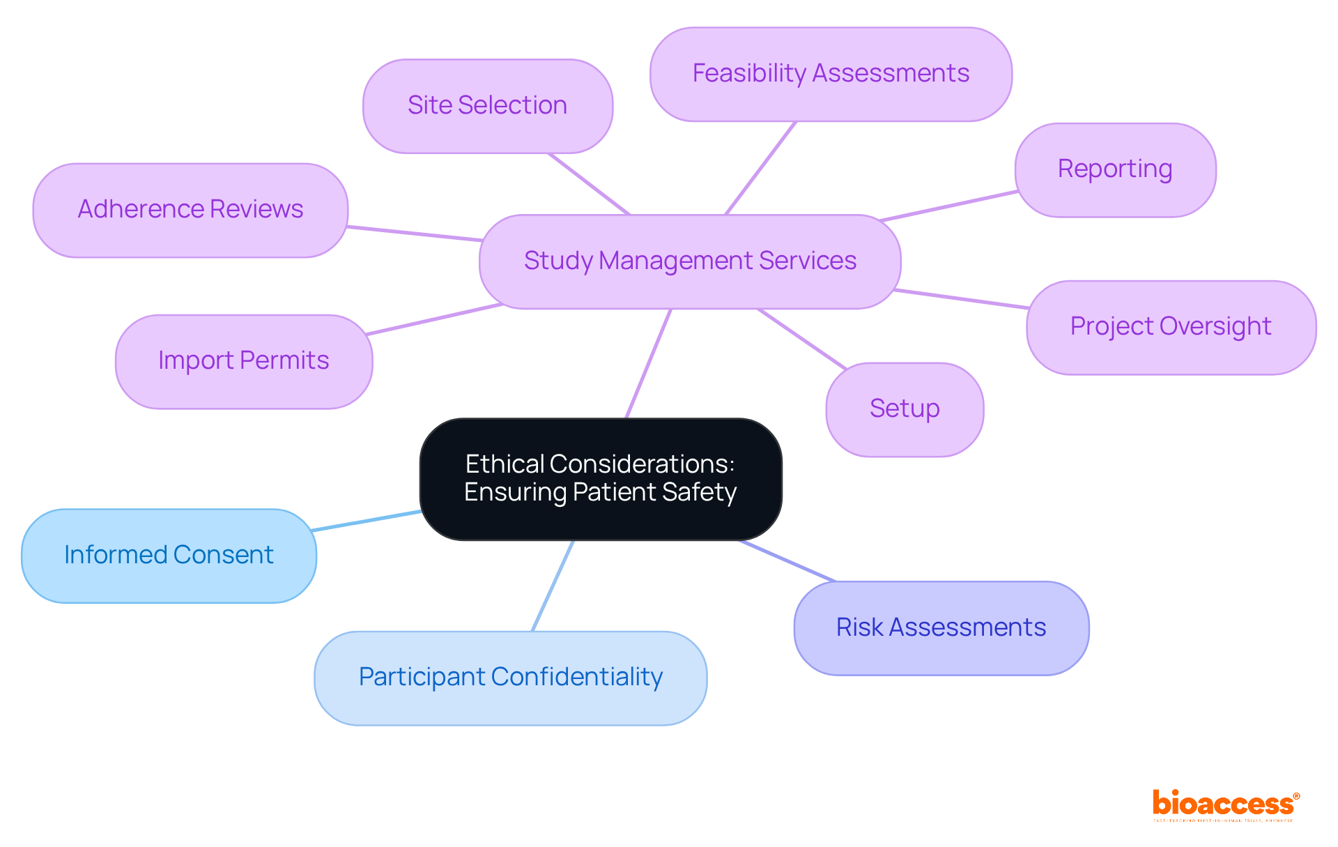 The central node represents the main theme of patient safety in clinical investigations. Branches represent key ethical considerations and the specific services that support these considerations, illustrating their interconnectedness. The central node represents the main theme of patient safety in clinical investigations. Branches represent key ethical considerations and the specific services that support these considerations, illustrating their interconnectedness.
