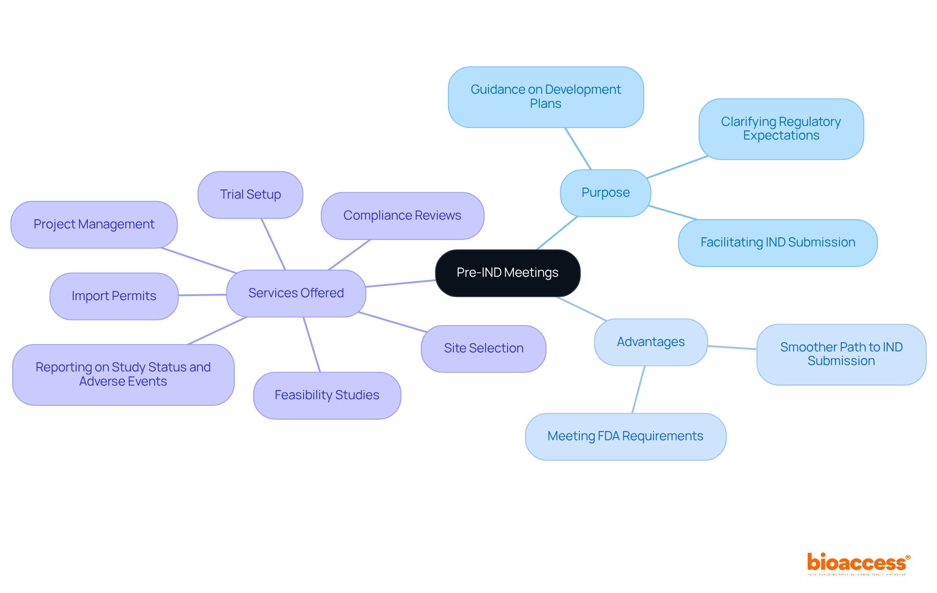 This mindmap starts with Pre-IND meetings at the center, branching out to show their purpose, advantages, and the specific services provided by bioaccess®. Each branch captures key aspects to help you understand the full scope of these discussions. This mindmap starts with Pre-IND meetings at the center, branching out to show their purpose, advantages, and the specific services provided by bioaccess®. Each branch captures key aspects to help you understand the full scope of these discussions.