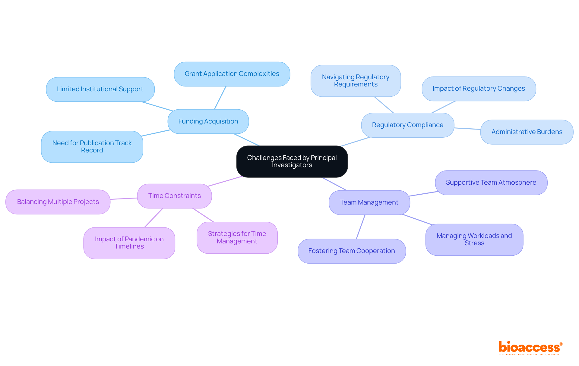 The center shows the main topic. Each branch represents a specific challenge that PIs face, and the sub-branches provide more details on those challenges. The colors help differentiate between the types of challenges, making it easier to follow along.