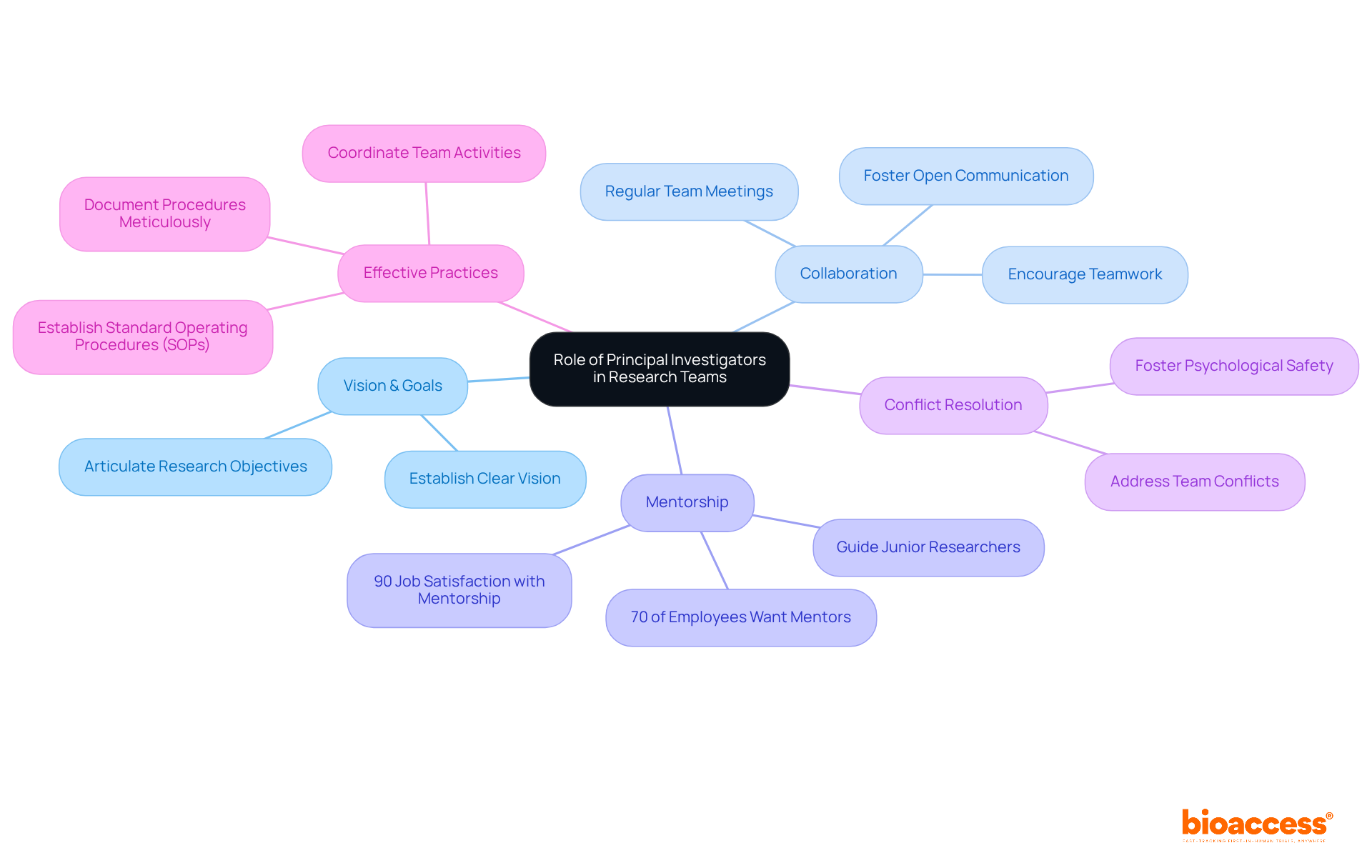 In this mindmap, the central node represents the primary role of PIs. Each branch illustrates a key responsibility, with further details showing how these roles contribute to a successful research environment.