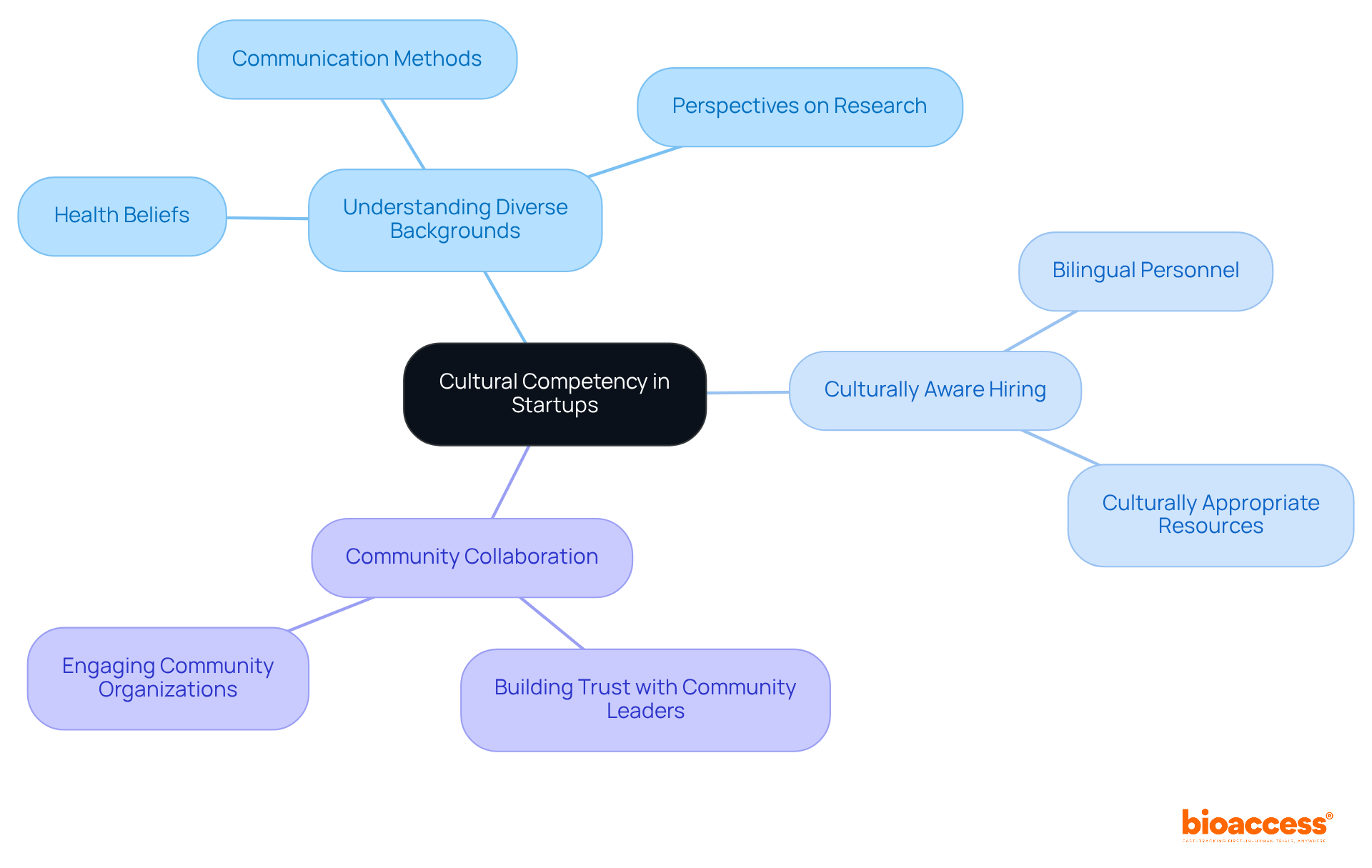 The central node represents the core idea of cultural competency. Each branch highlights a strategy or action that supports engaging diverse populations — follow the branches to see how each strategy connects to the overall goal. The central node represents the core idea of cultural competency. Each branch highlights a strategy or action that supports engaging diverse populations — follow the branches to see how each strategy connects to the overall goal.
